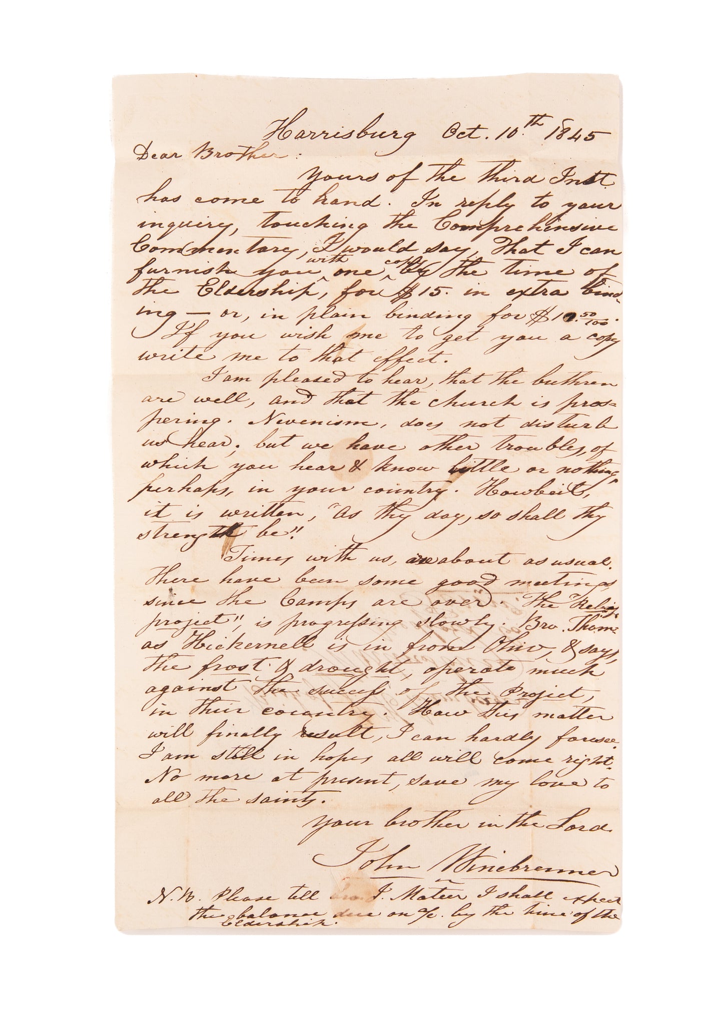 1845 JOHN WINEBRENNER. Rare Autograph Letter by Founder of the Church of God General Conference.