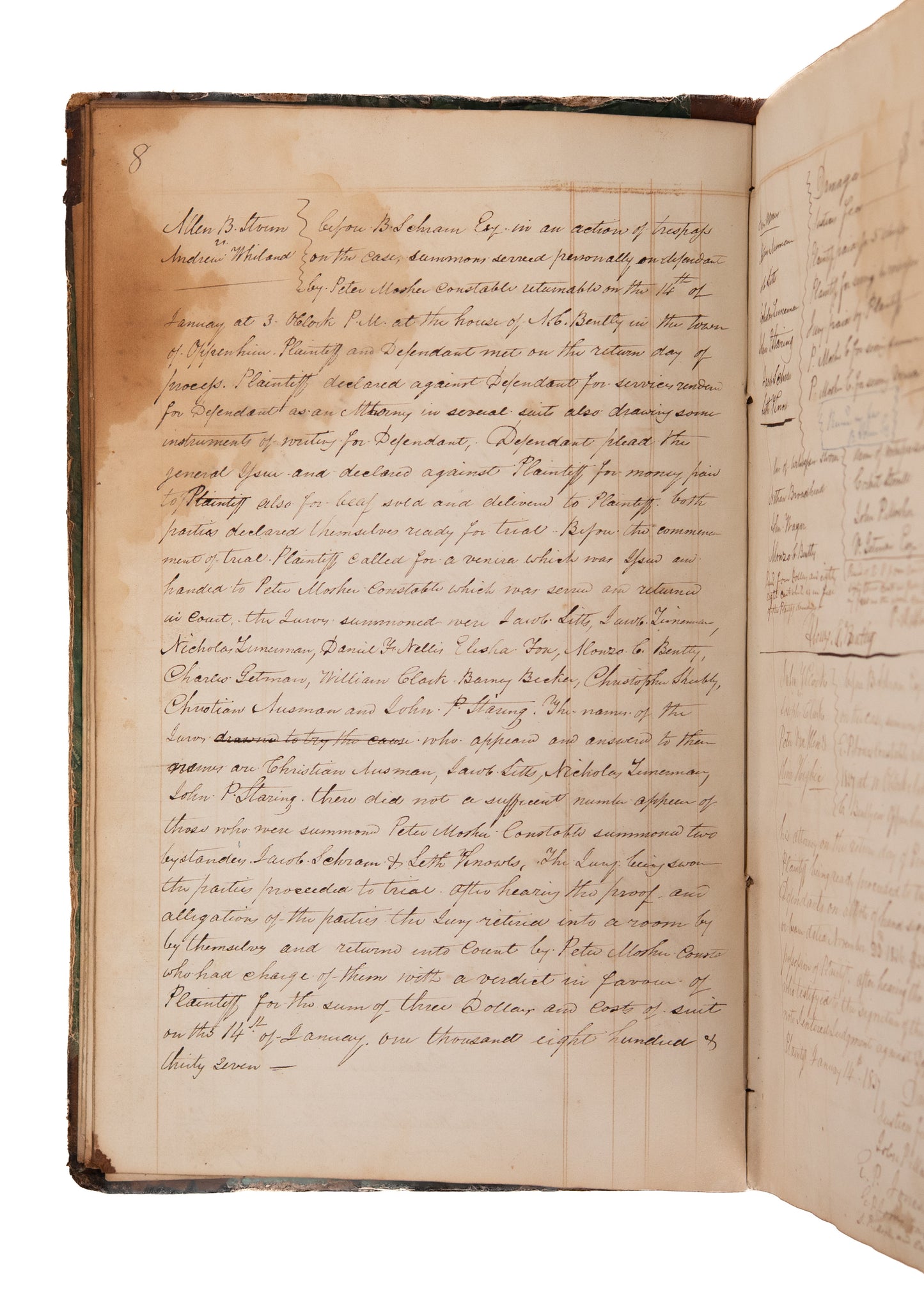 1837-1839 NEW YORK COURT DOCKET. Horse Fraud, Co-Habitant Sues for Labor, Stolen Potatoes and More.