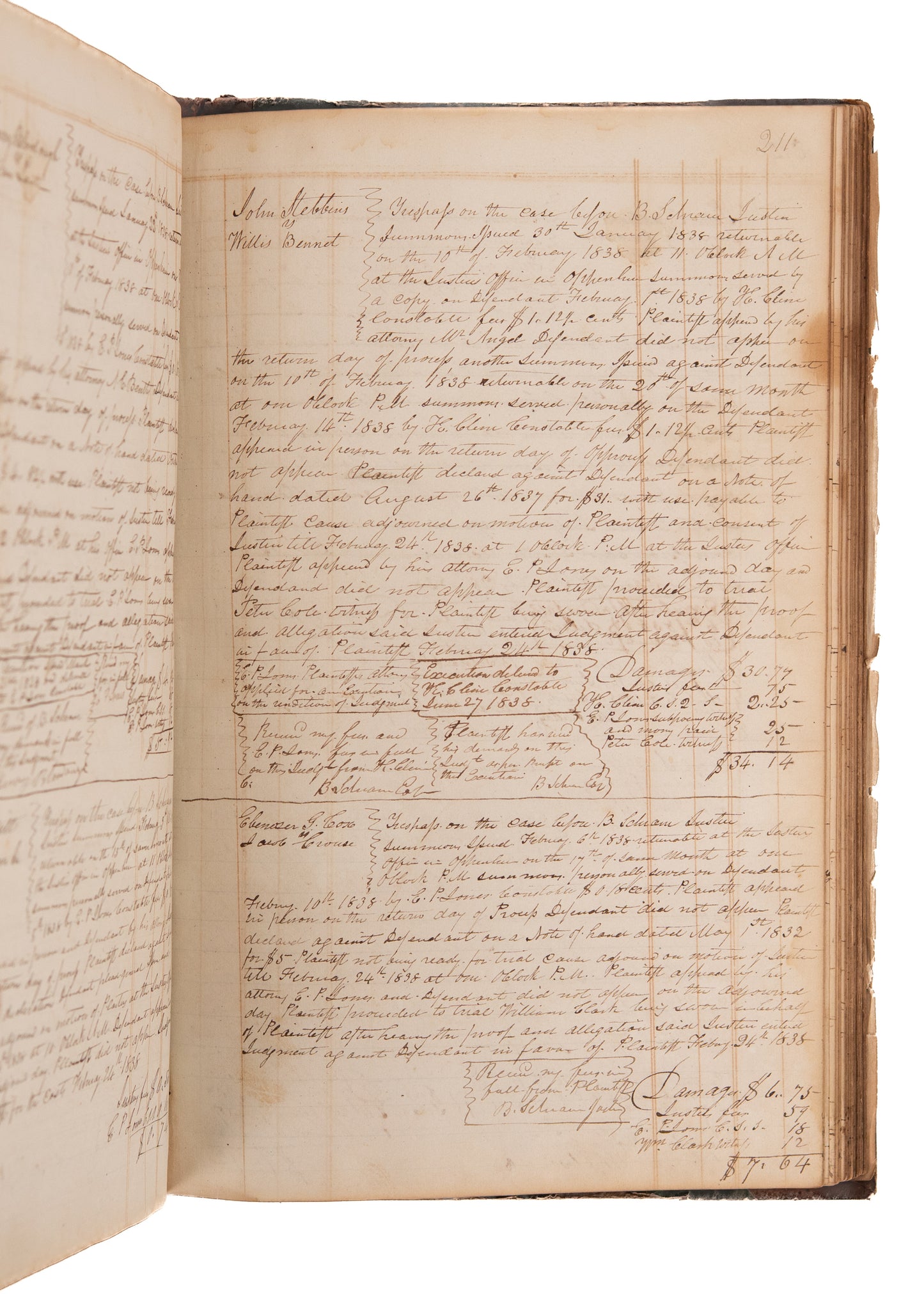 1837-1839 NEW YORK COURT DOCKET. Horse Fraud, Co-Habitant Sues for Labor, Stolen Potatoes and More.