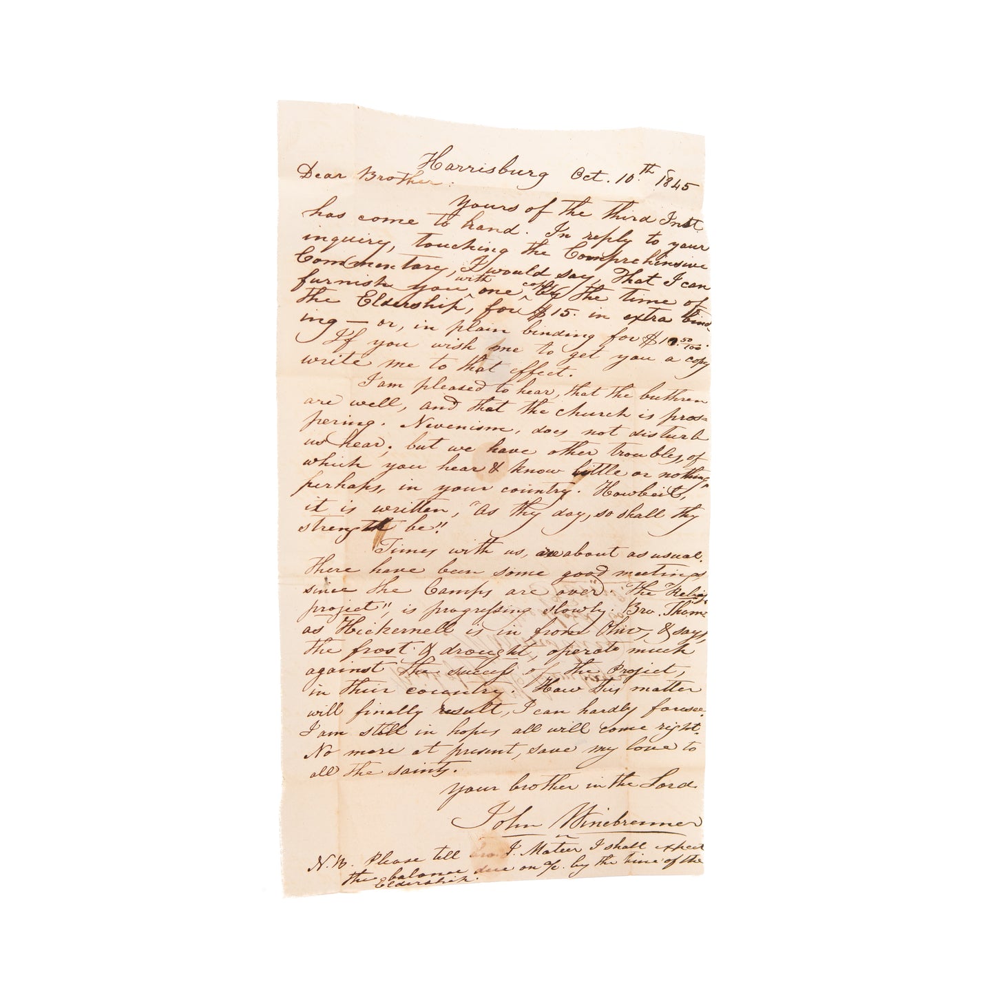 1845 JOHN WINEBRENNER. Rare Autograph Letter by Founder of the Church of God General Conference.