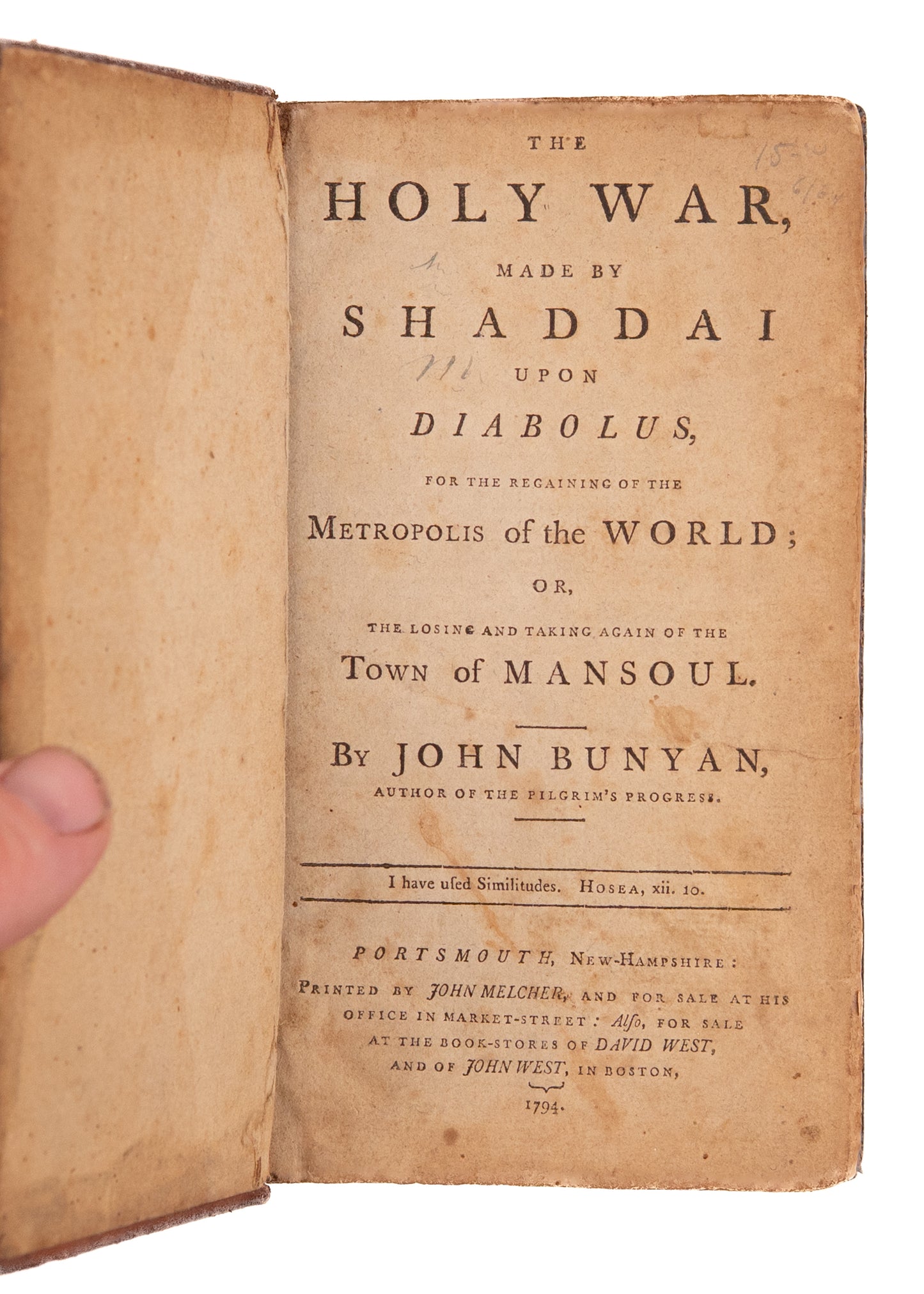 1794 JOHN BUNYAN. First American Edition of The Holy War, Made by Shaddai Upon Diabolus.