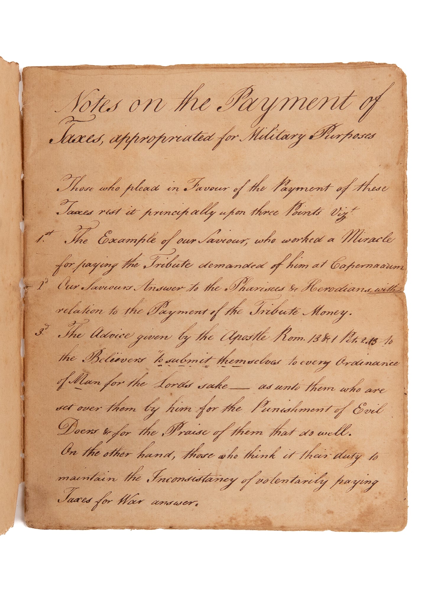 1779 NO TAXATION FOR MILITARIZATION. Exceptionally Rare 20pp MSs Speech Against Taxes for the Revolution on Moral Grounds.