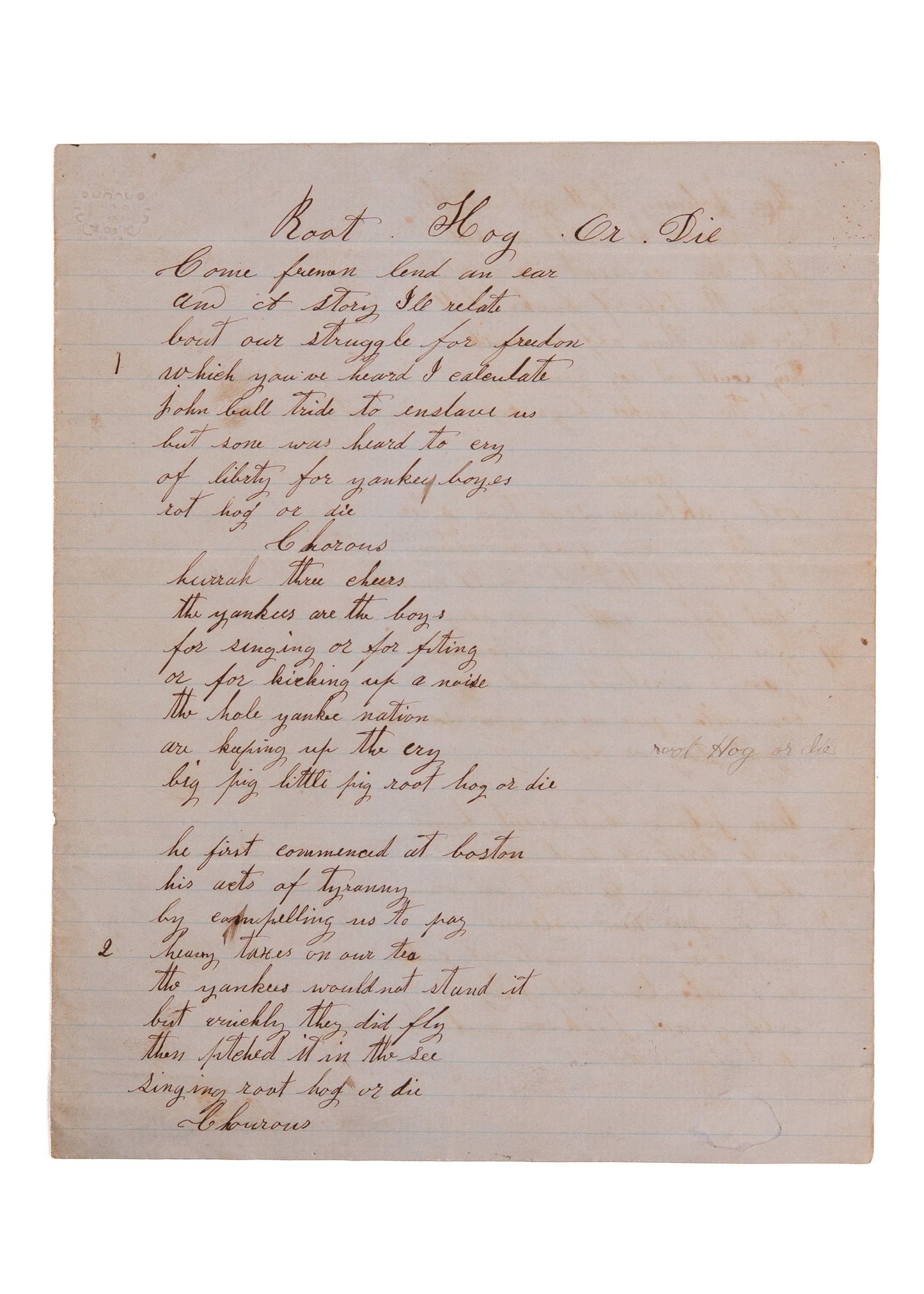 1855 UNPUBLISHED MSS. Root Hog or Die - The American Revolution and Westward Expansion.