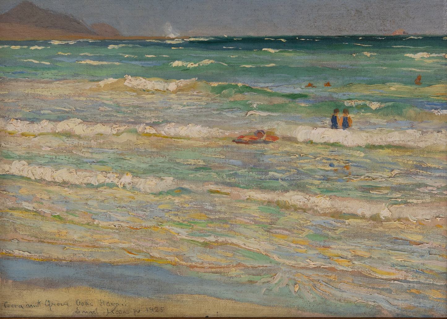 1925 OAHU, HAWAII. Early Modernist Surfing Painting by Emil Kosa Jr. Important Hawaii - California Painting.