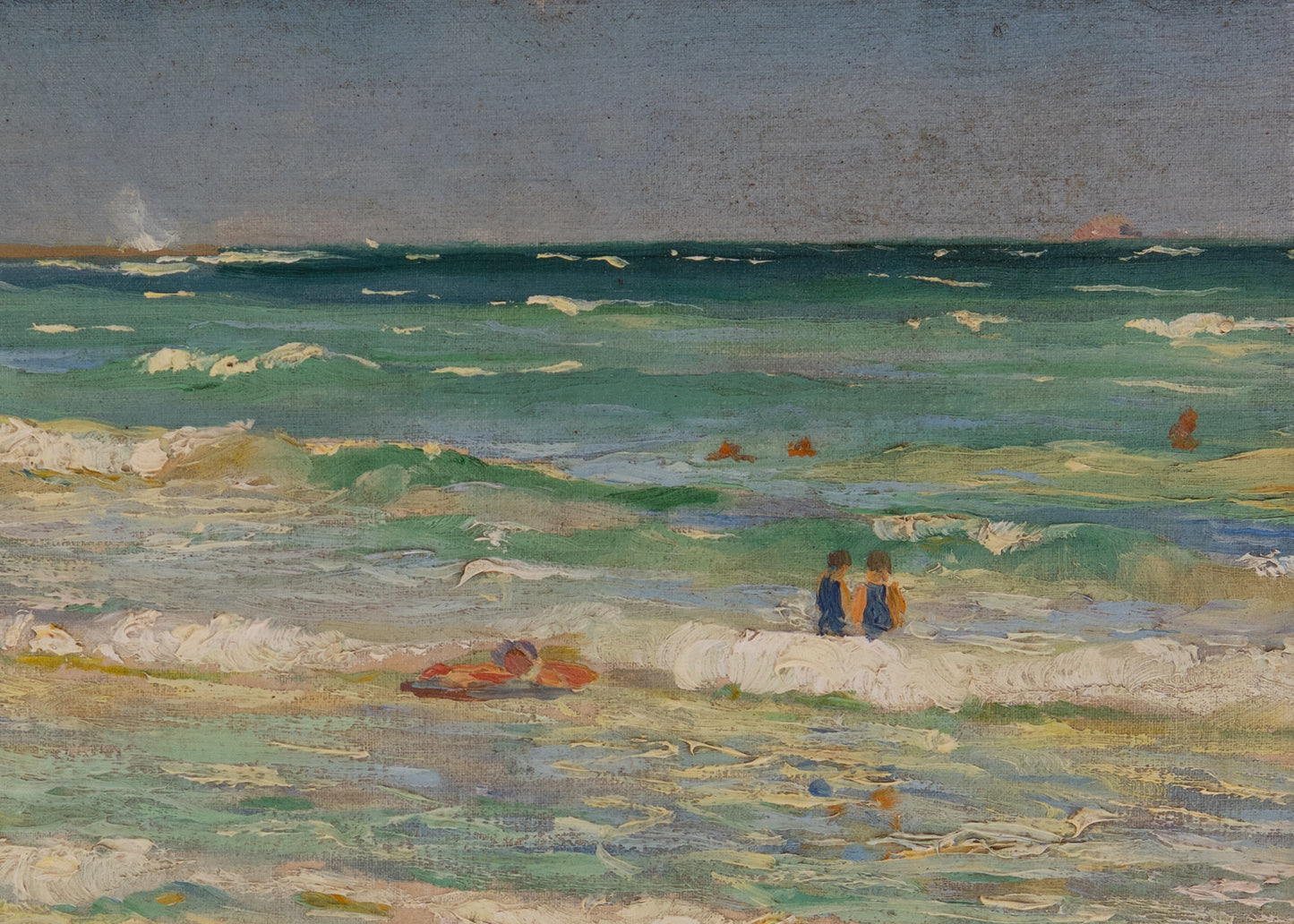 1925 OAHU, HAWAII. Early Modernist Surfing Painting by Emil Kosa Jr. Important Hawaii - California Painting.