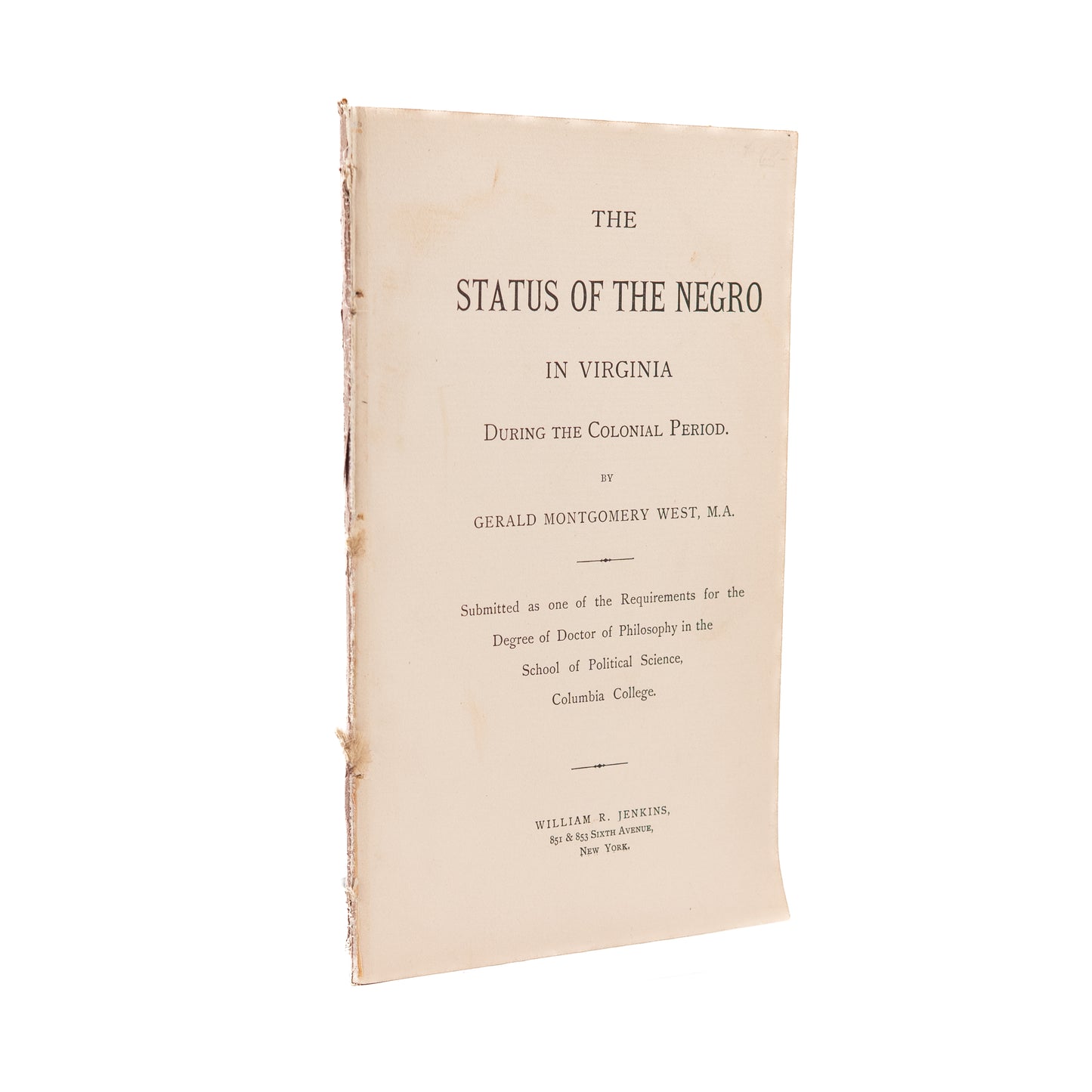 1905 VIRGINIA SLAVERY. Academic Work on Status of the "Negro" Population in Colonial Virginia.