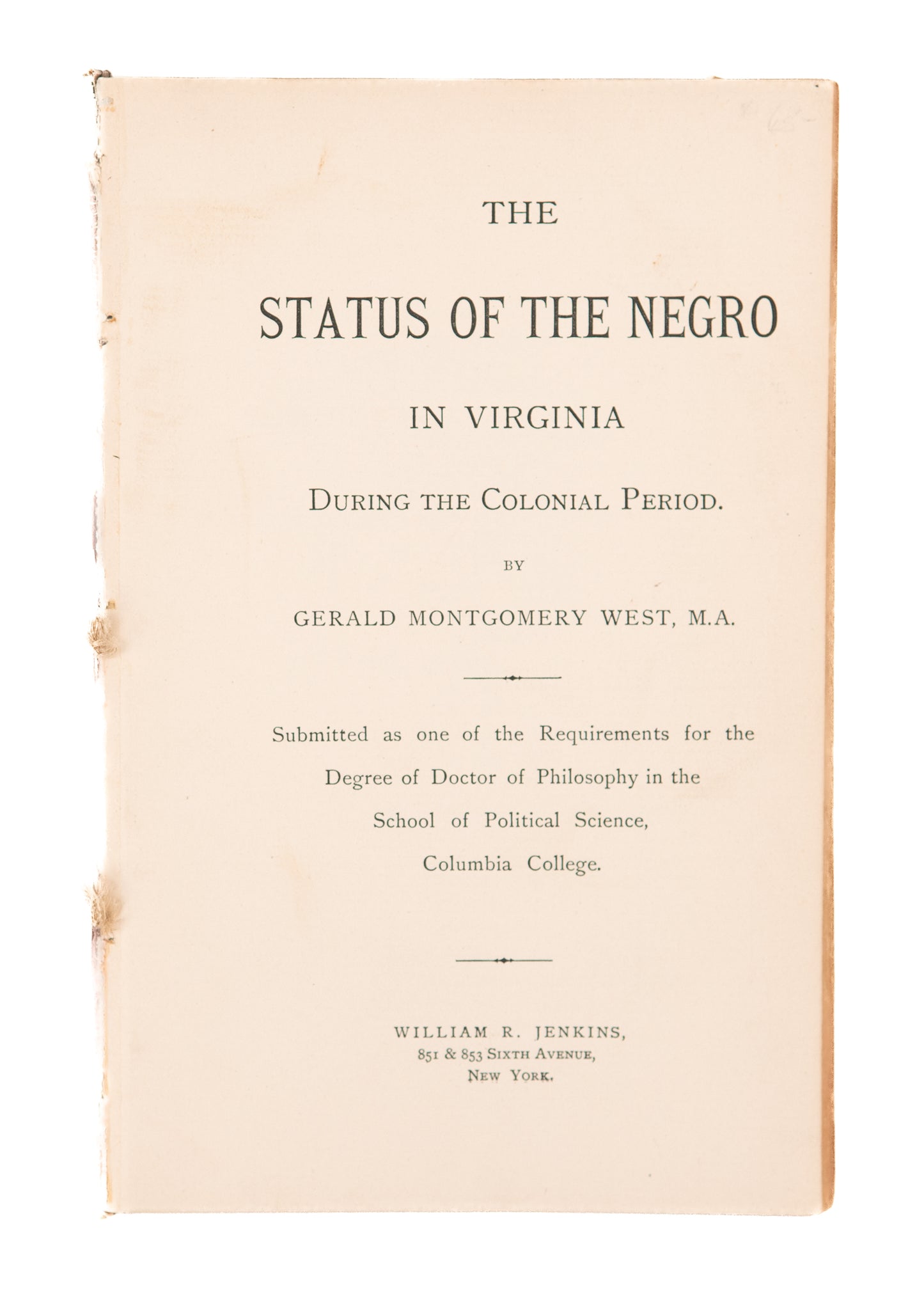 1905 VIRGINIA SLAVERY. Academic Work on Status of the "Negro" Population in Colonial Virginia.