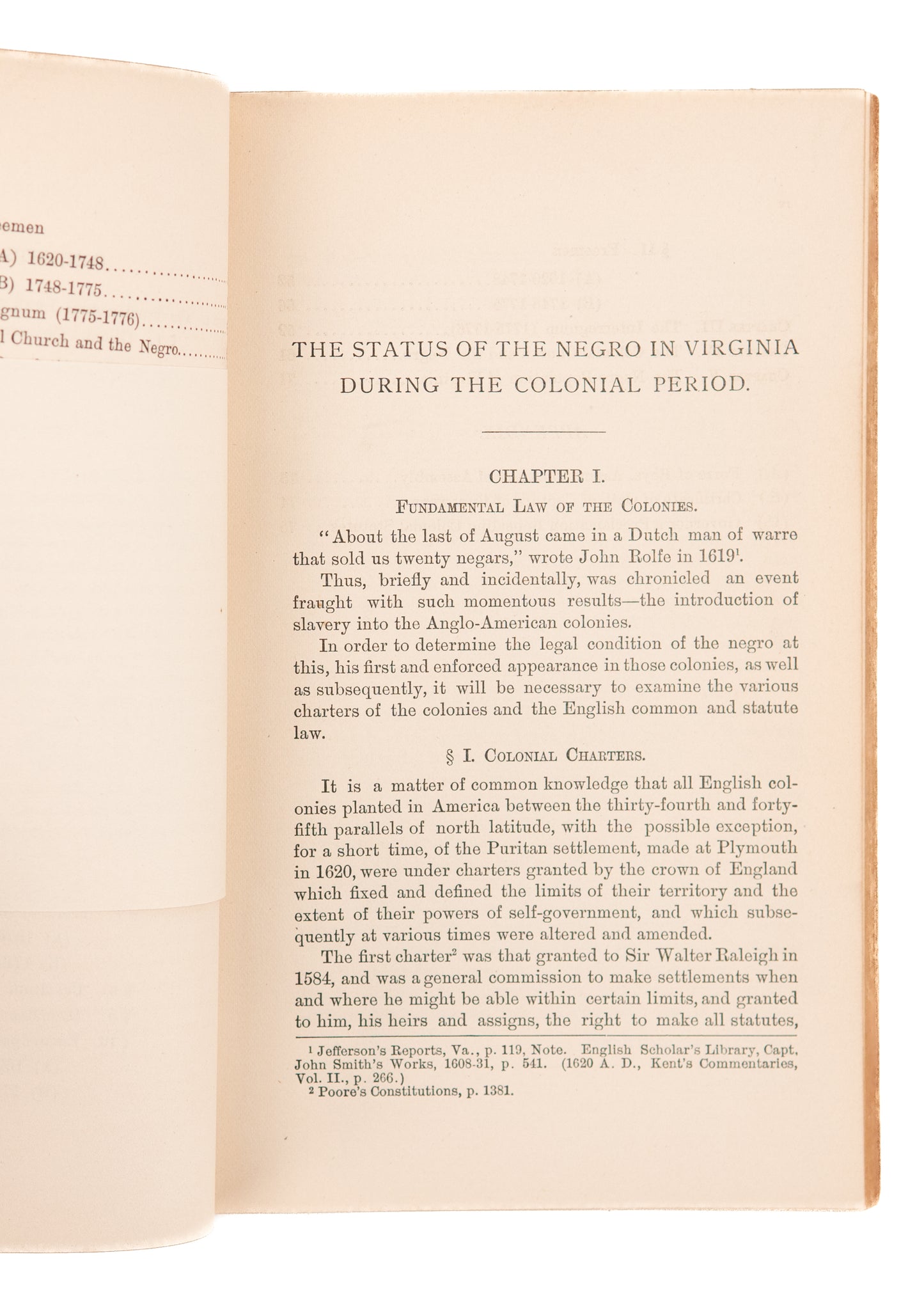 1905 VIRGINIA SLAVERY. Academic Work on Status of the "Negro" Population in Colonial Virginia.