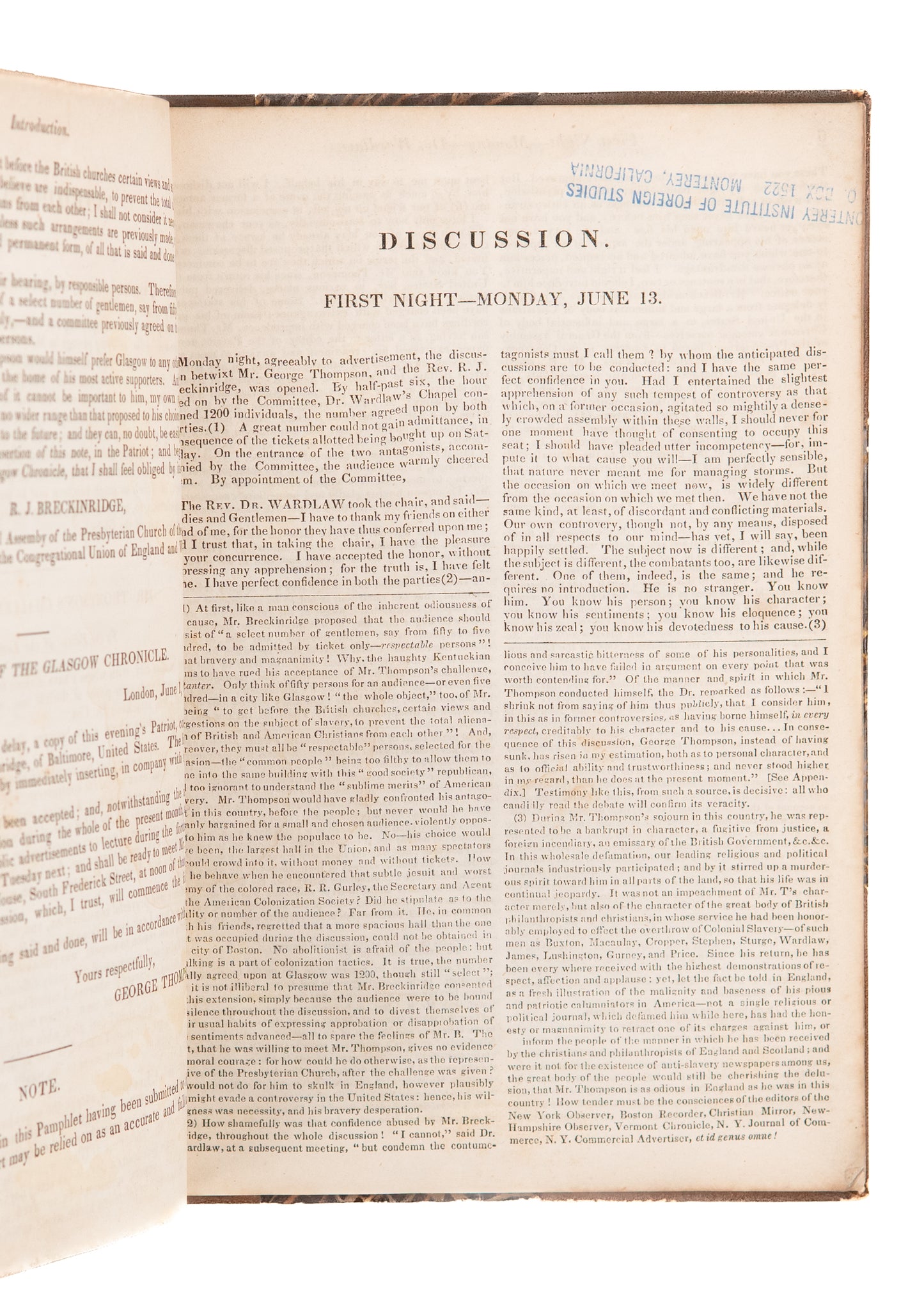 1836 WILLIAM LLOYD GARRISON. Scathing Rebuke of "Moderate" Clergy on Issue of Slavery.