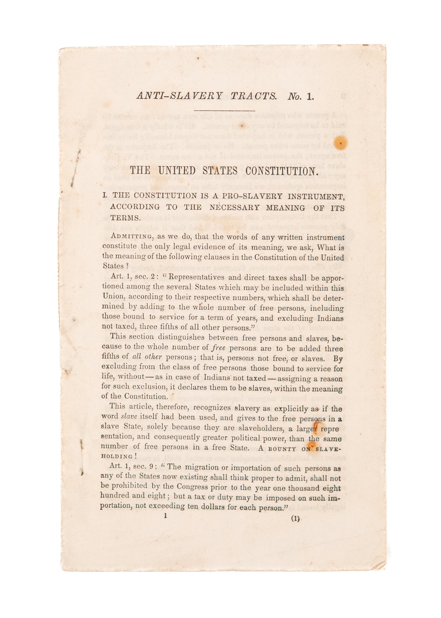 1855 ANTI-SLAVERY SOCIETY. The United States Constitution a Pro-Slavery Document. Rare!