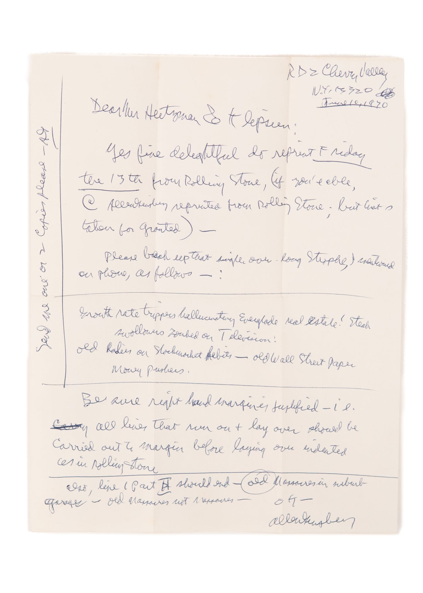 1970 ALLEN GINSBERG. Manuscript Letter with Revisions of Famous Poem, "Friday the Thirteenth."