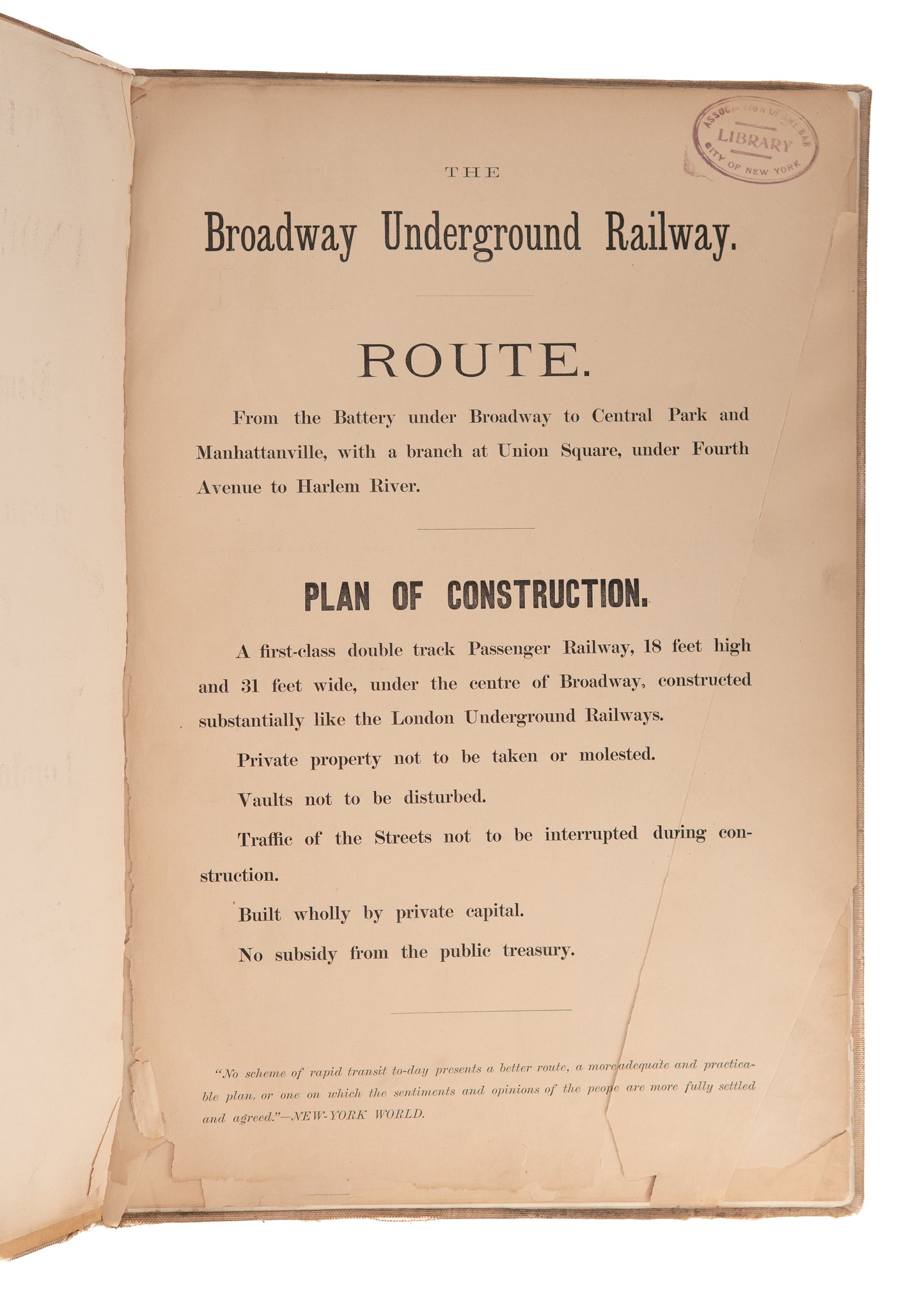 1872 NEW YORK SUBWAY. Rare Prospectus for First New York Underground w/ 8 Hand-Colored Plates.