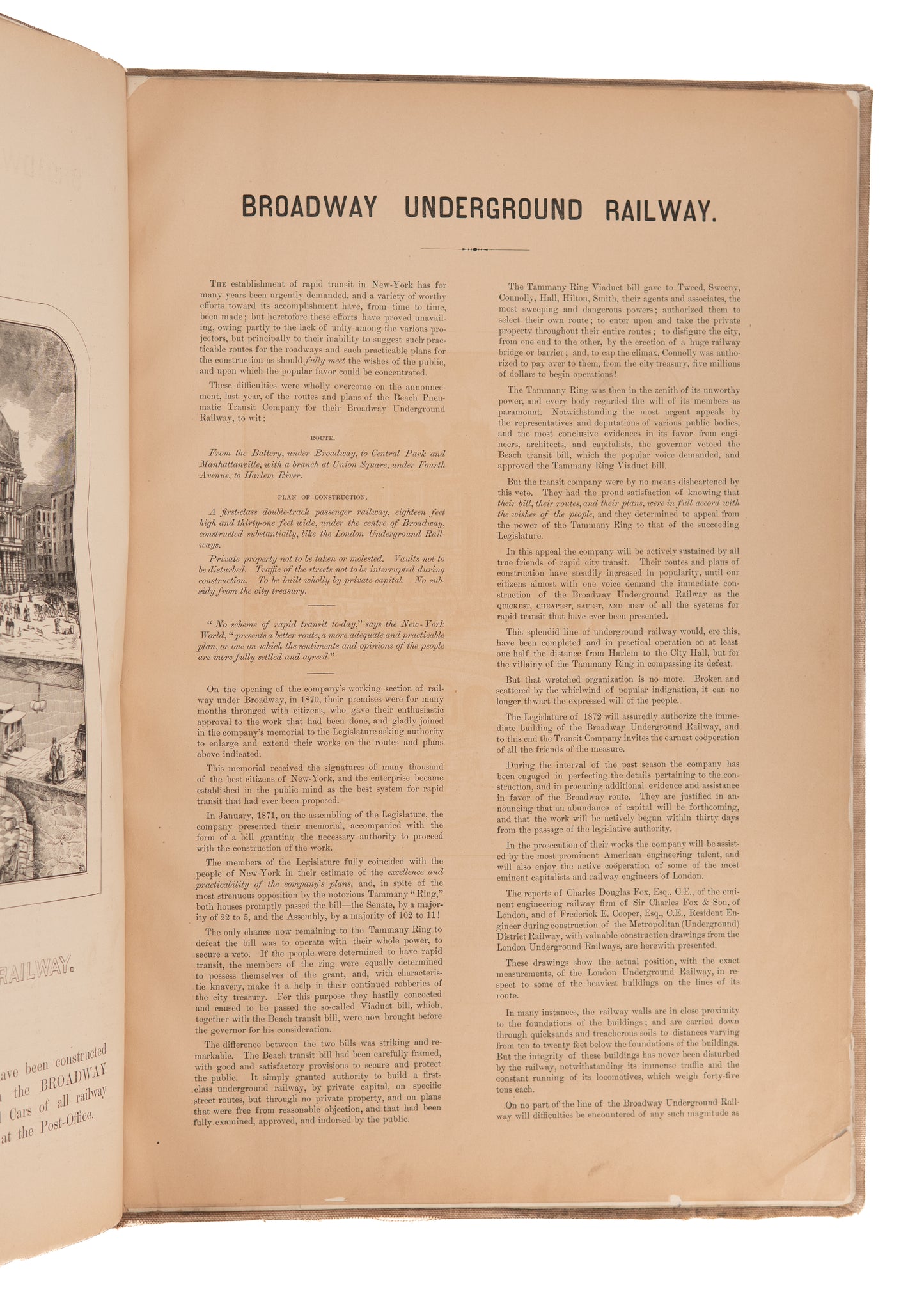 1872 NEW YORK SUBWAY. Rare Prospectus for First New York Underground w/ 8 Hand-Colored Plates.