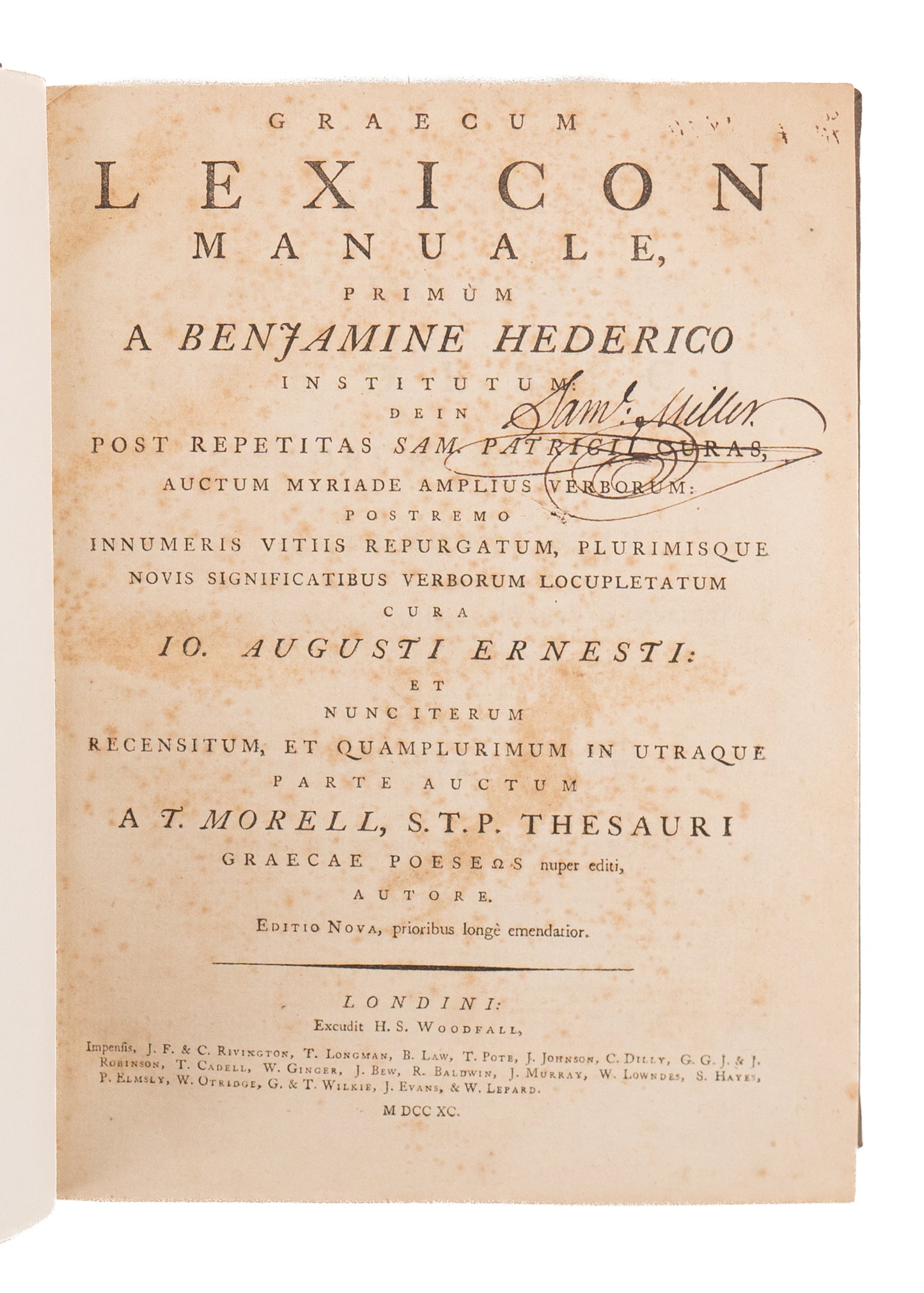 1790 SAMUEL MILLER. Presbyterian Divine's Personal Copy of Morell's Greek Lexicon.