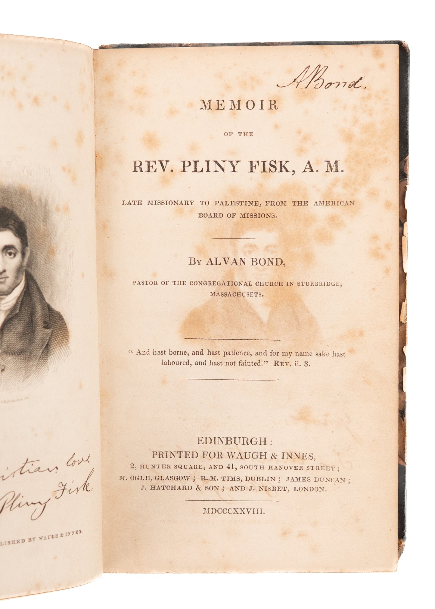 1828 ALVAN BOND. Memoir of the Rev. Pliny Fisk - Missionary to Jews & Muslims. Rare.