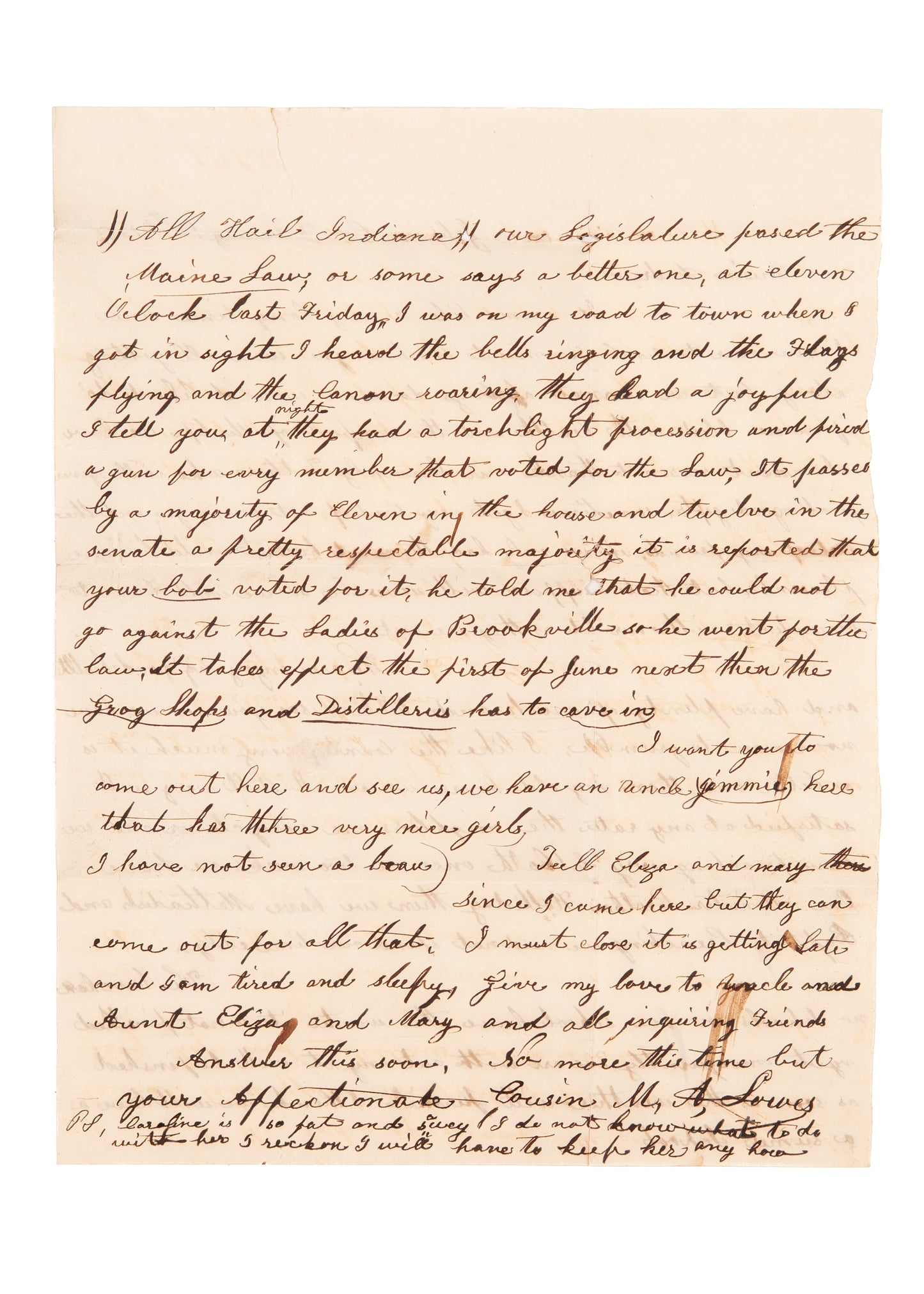 1855 INDIANA PROHIBITION. Rare Letter Celebrating 1855 Indiana Prohibition. Close the Grog Shops!