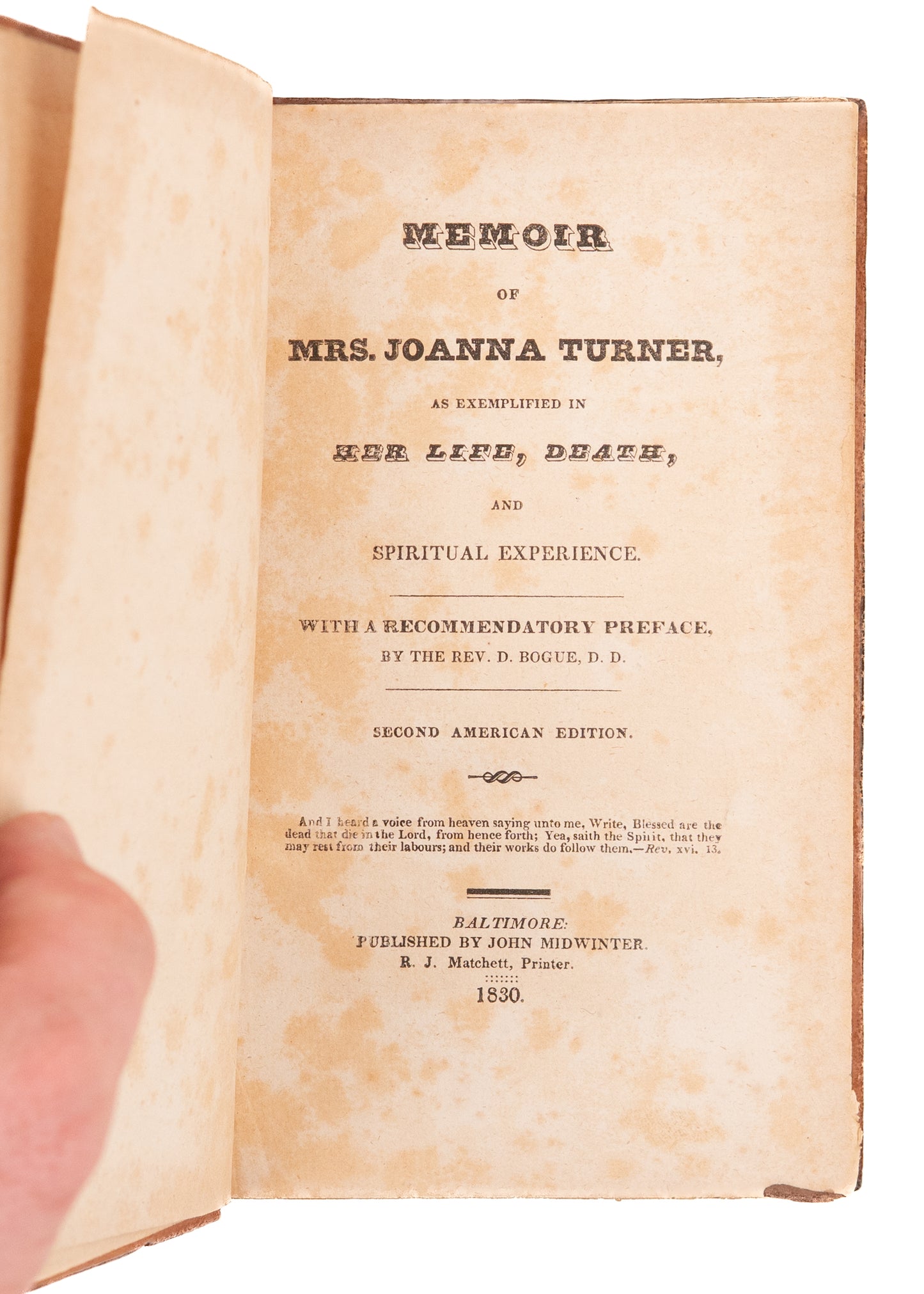 1830 JOANNA TURNER. Memoir of Mrs. Joanna Turner. Rare Methodist Female Preacher of 18th Century.