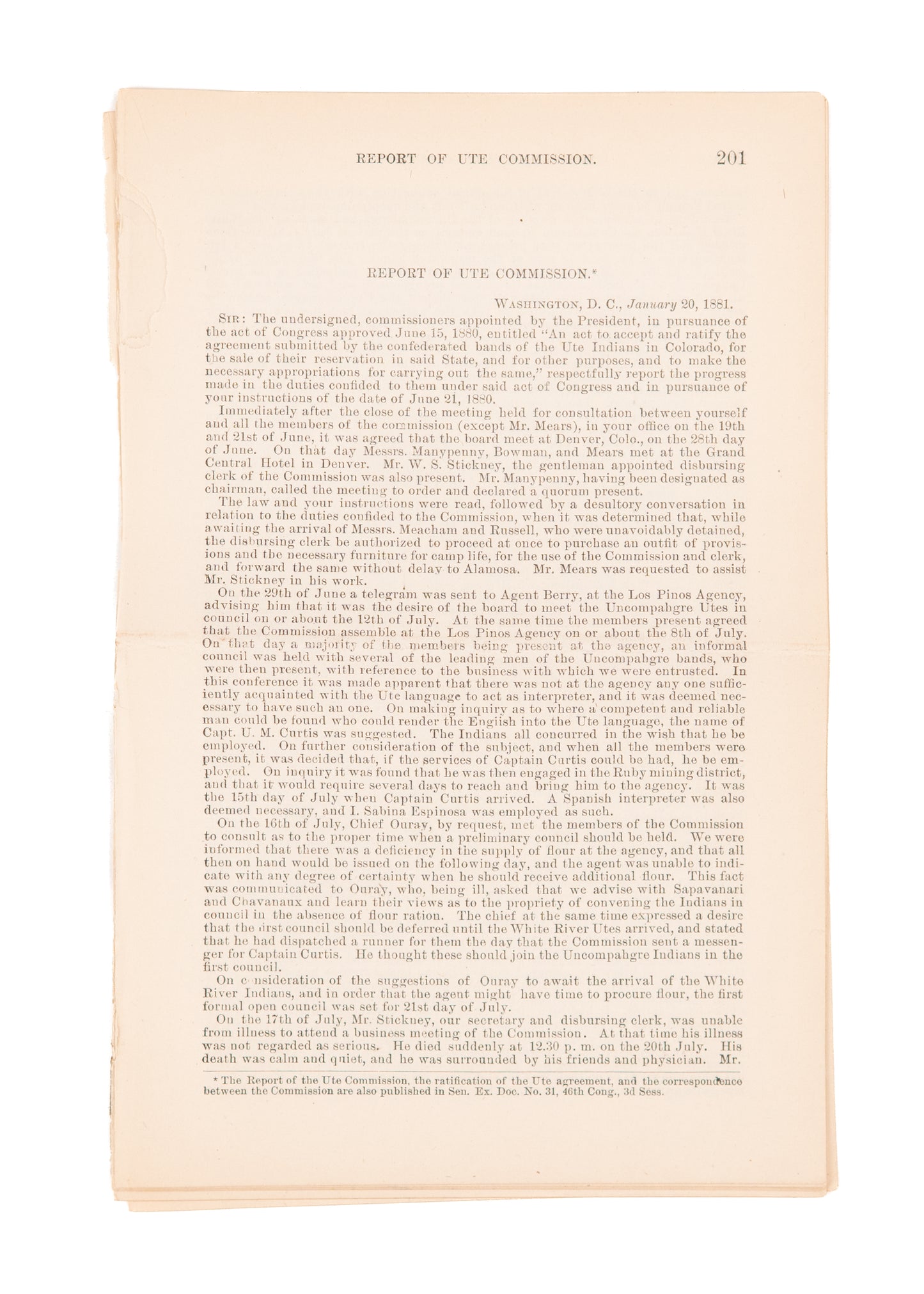 1881 WILLIAM SOULE STICKNEY. The Ute Indian Commission, Land Seizures, & Treaties in Colorado.