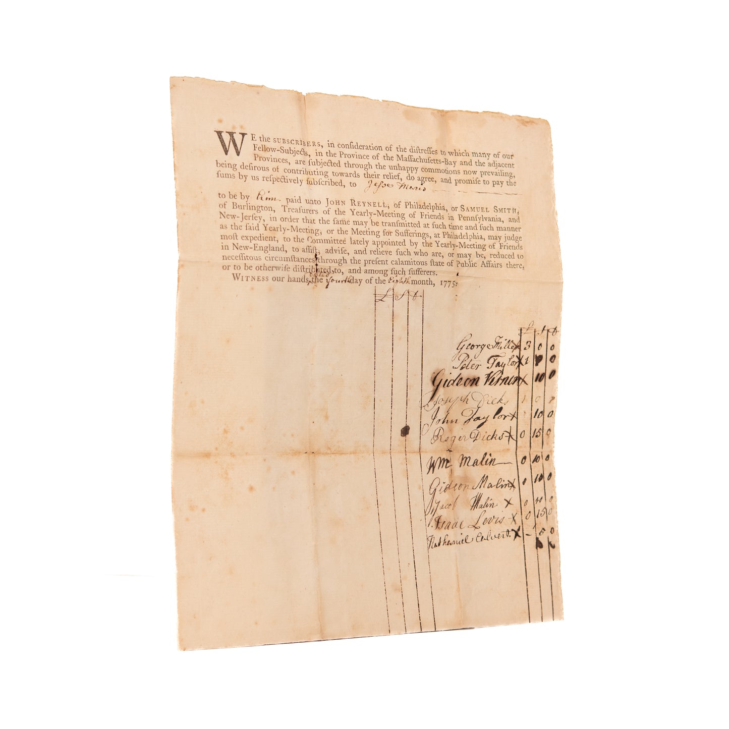 1775 QUAKER BENEDICT ARNOLD. Subscription to Aid Sufferers after Battle of Concord - Signed Gideon Vernon.