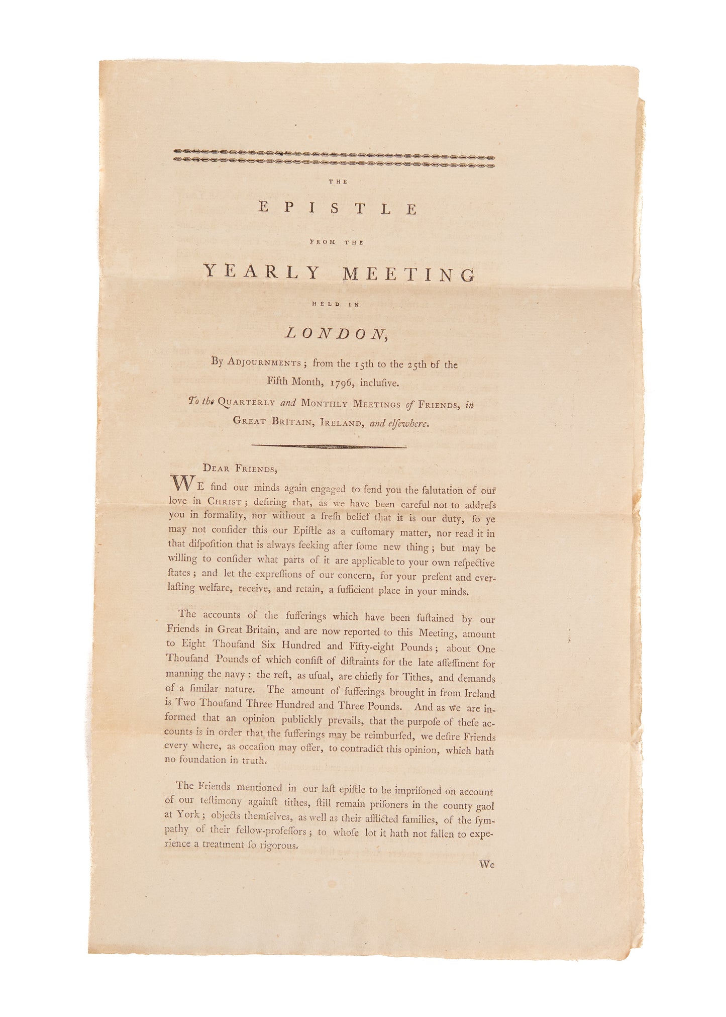 1796 QUAKER EPISTLE. London Quakers Close Ranks as American Quakers Pursue Racial Integration.
