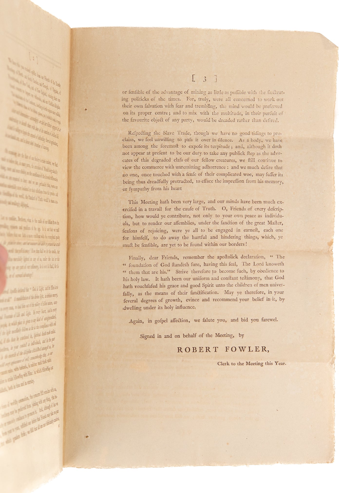 1796 QUAKER EPISTLE. London Quakers Close Ranks as American Quakers Pursue Racial Integration.