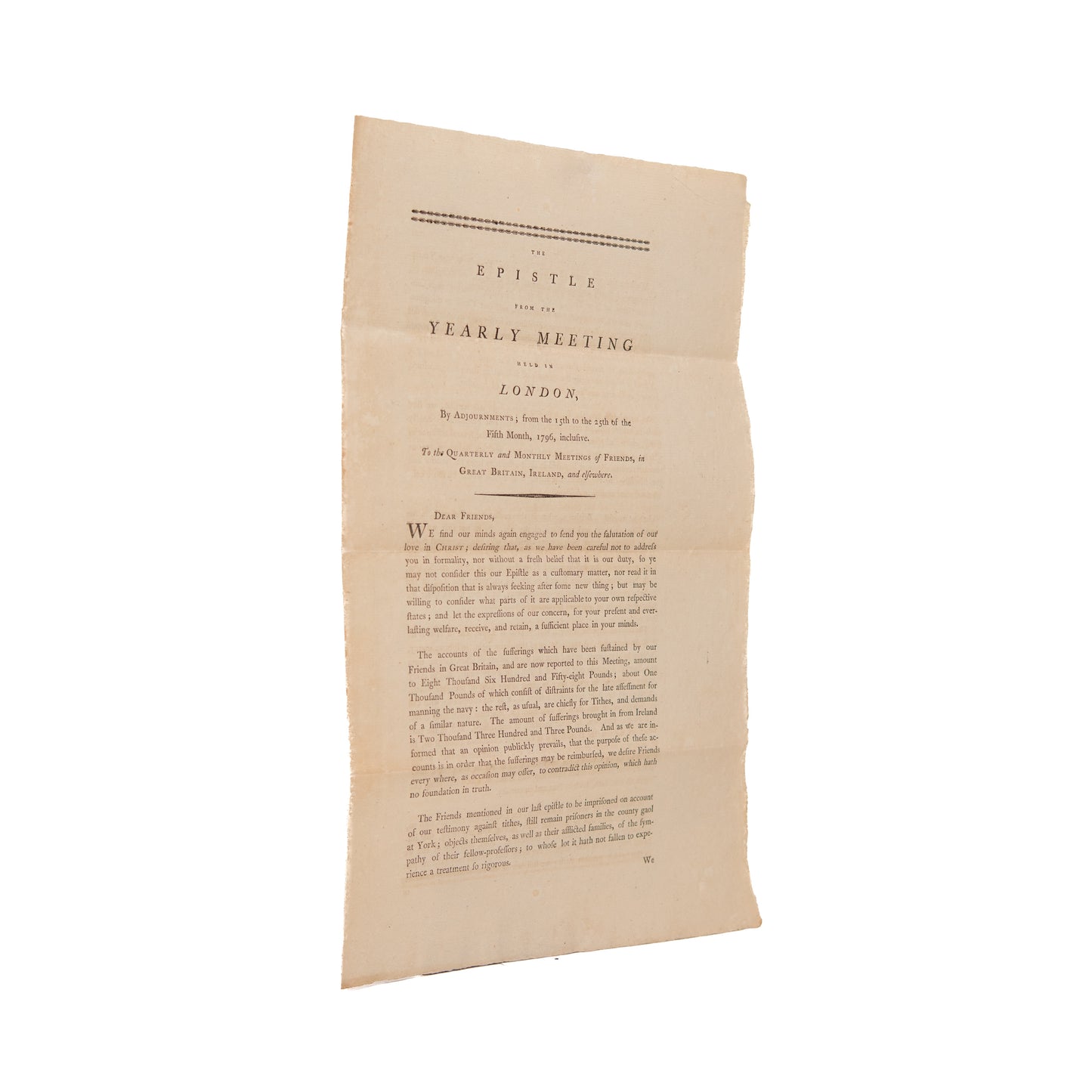 1796 QUAKER EPISTLE. London Quakers Close Ranks as American Quakers Pursue Racial Integration.