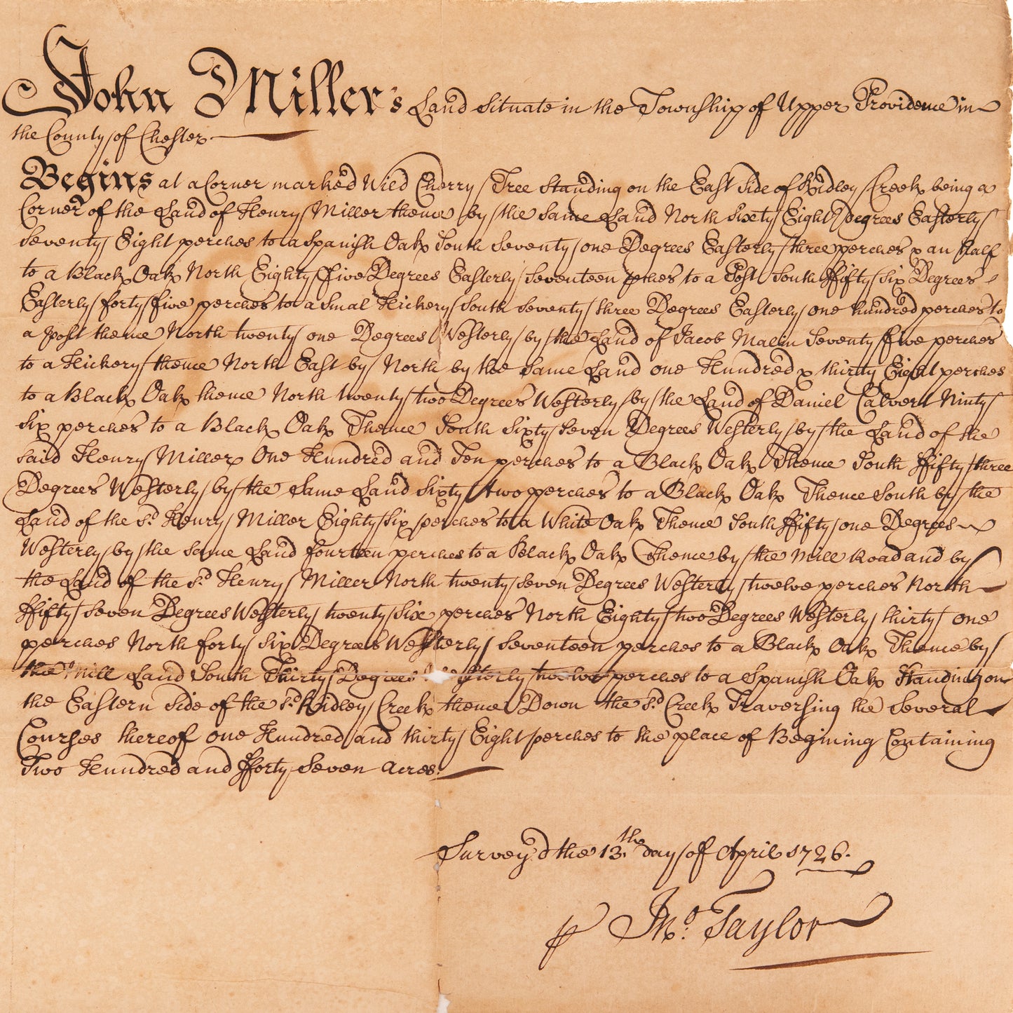 1726 WILLIAM PENN - HOLY EXPERIMENT. Early Land Grant to Quakers for "Providence" Pennsylvania.