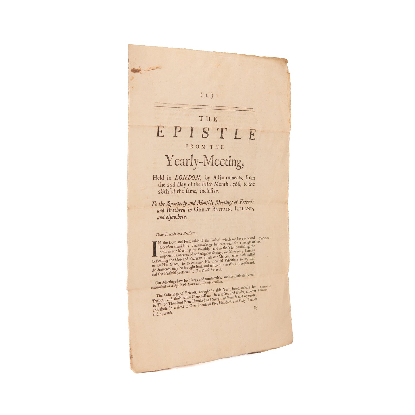 1768 EPISTLE PREPARING FOR WAR. American Quakers Urged to Follow "Ancient Way" Rather than American Patriotism.