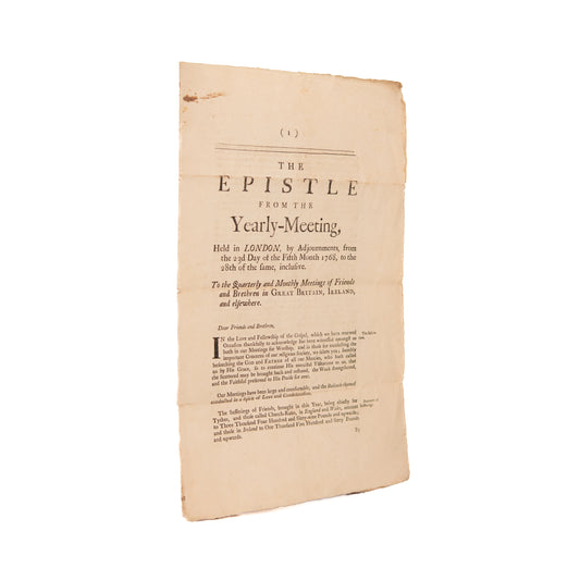 1768 EPISTLE PREPARING FOR WAR. American Quakers Urged to Follow "Ancient Way" Rather than American Patriotism.