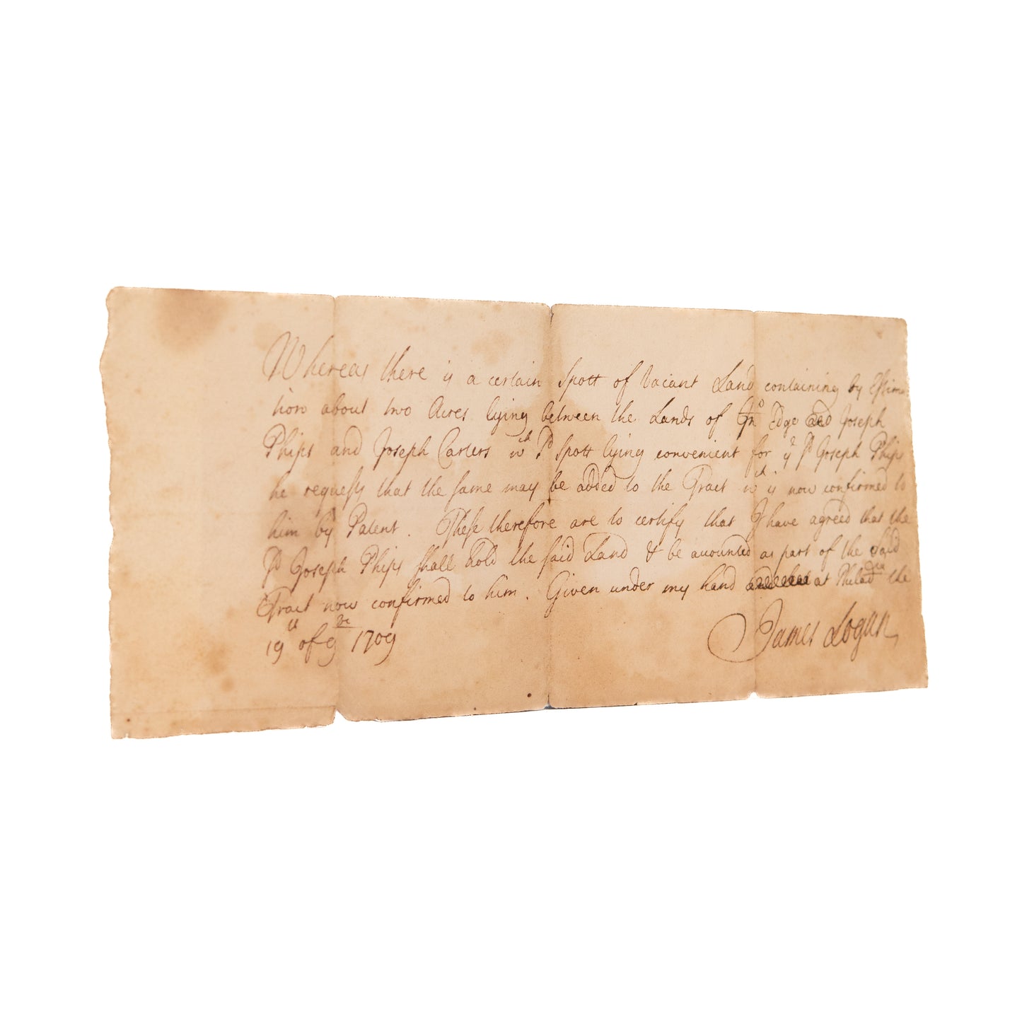 1709 JAMES LOGAN / WILLIAM PENN. Manuscript Land Patent for Chester County, Pennsylvania.