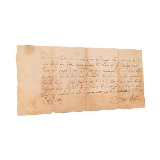 1709 JAMES LOGAN / WILLIAM PENN. Manuscript Land Patent for Chester County, Pennsylvania.