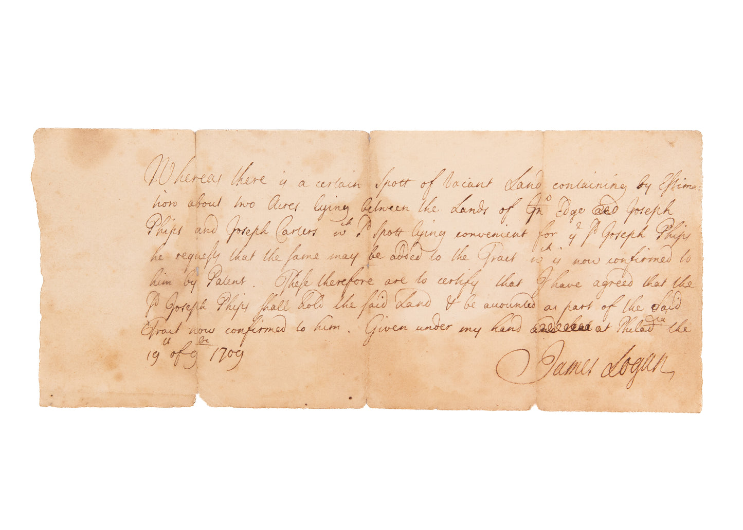1709 JAMES LOGAN / WILLIAM PENN. Manuscript Land Patent for Chester County, Pennsylvania.
