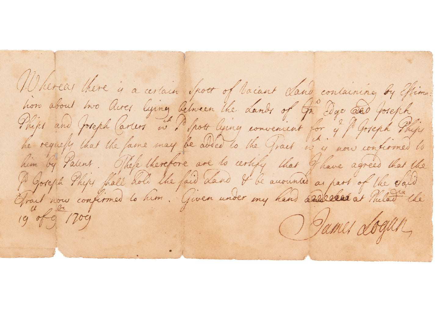 1709 JAMES LOGAN / WILLIAM PENN. Manuscript Land Patent for Chester County, Pennsylvania.