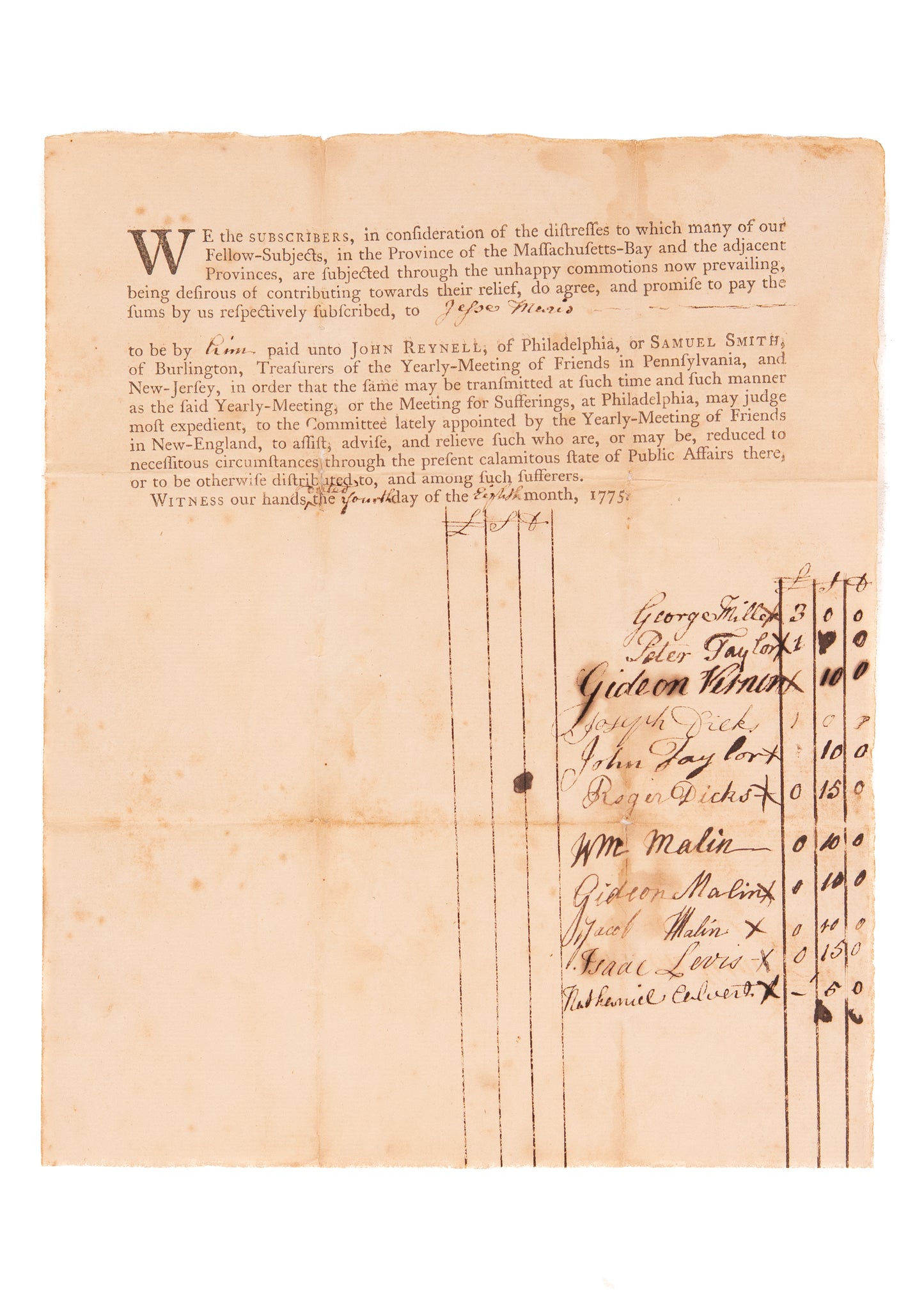 1775 QUAKER BENEDICT ARNOLD. Subscription to Aid Sufferers after Battle of Concord - Signed Gideon Vernon.