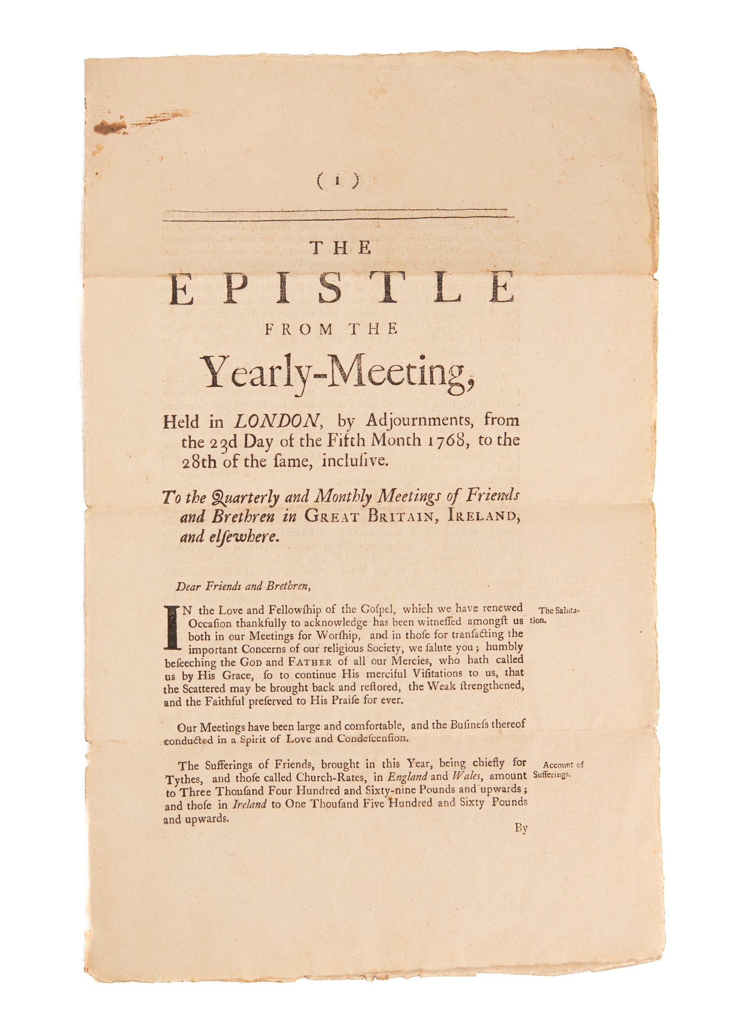 1768 EPISTLE PREPARING FOR WAR. American Quakers Urged to Follow "Ancient Way" Rather than American Patriotism.