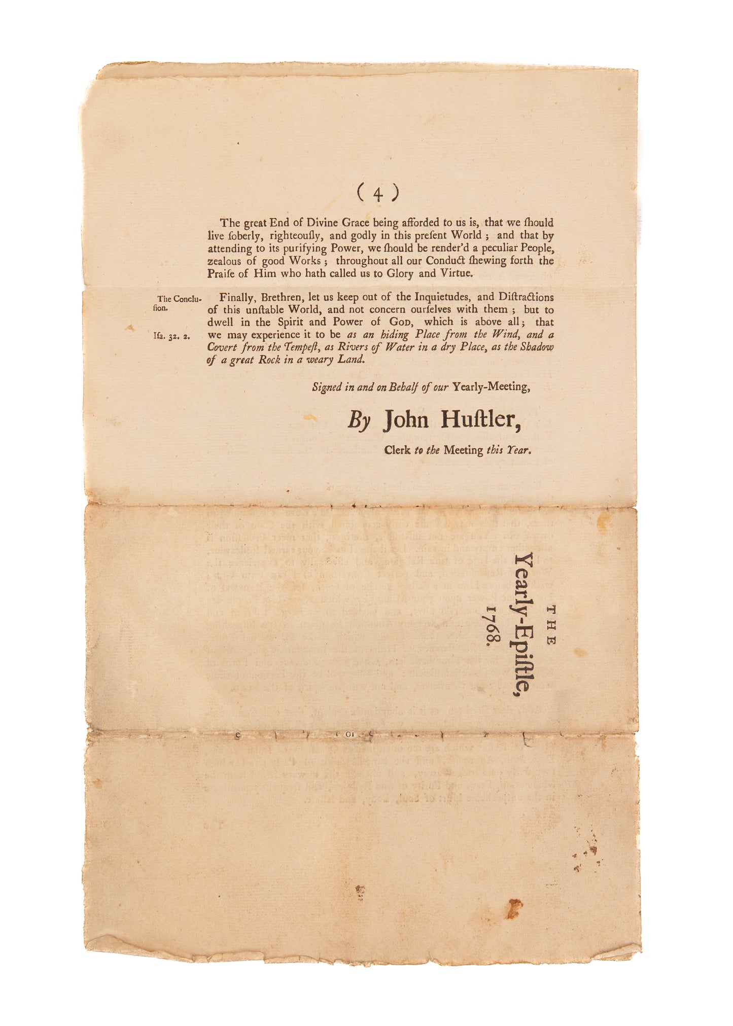 1768 EPISTLE PREPARING FOR WAR. American Quakers Urged to Follow "Ancient Way" Rather than American Patriotism.