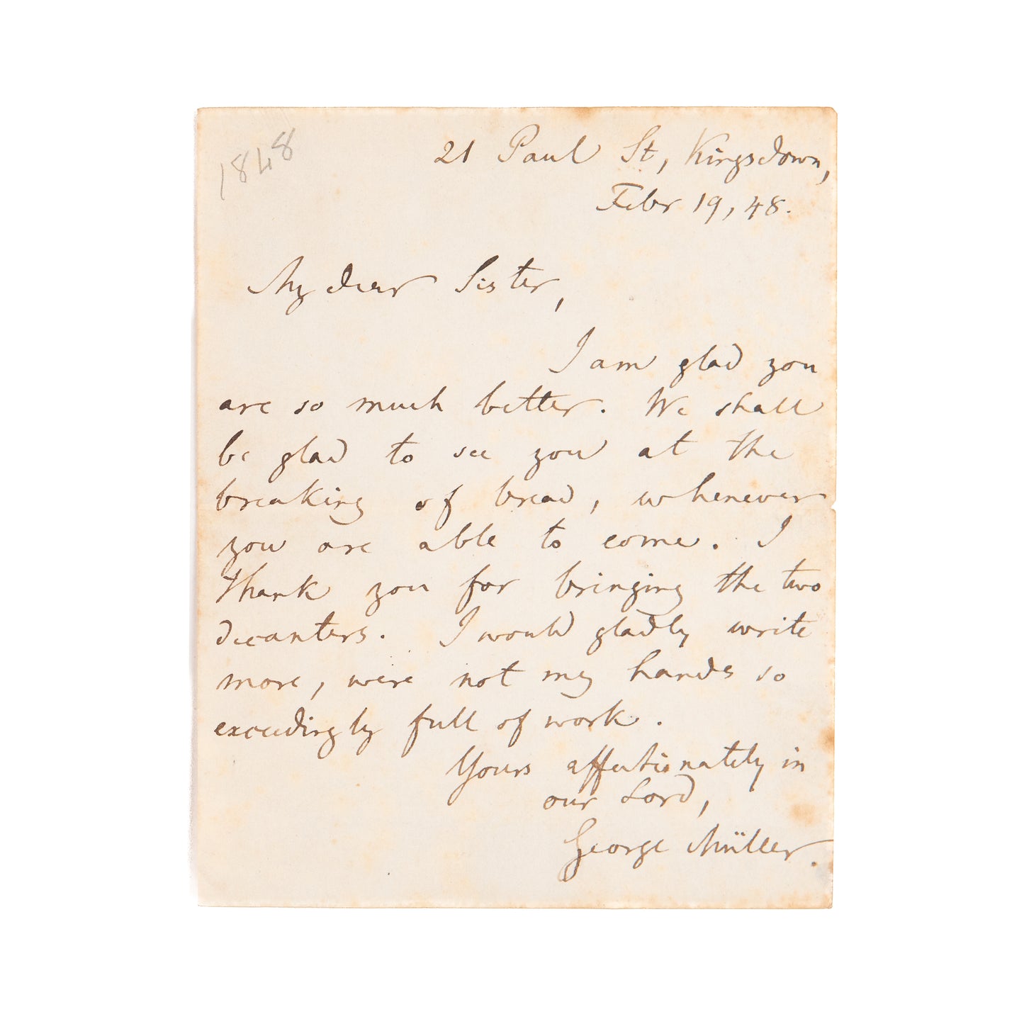 1848 GEORGE MULLER. Original Letter to an Ill Friend on Breaking Bread. Very Rare.