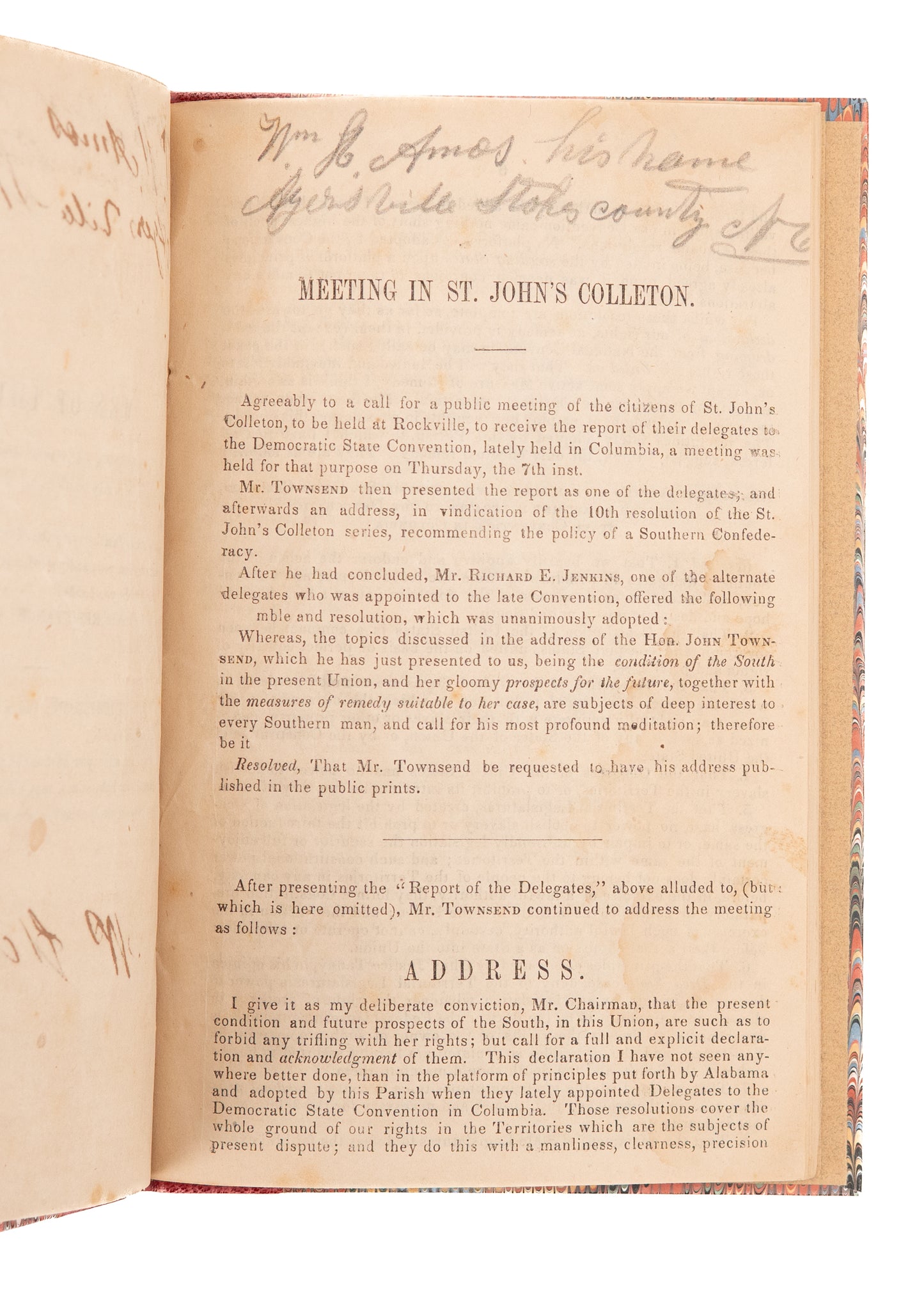 1860 CHARLESTON SLAVERY. A Tract Calling Southern Men to Prepare for War Over States Rights.