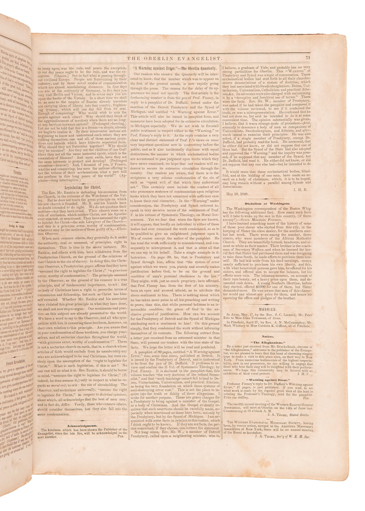 1848-1849 OBERLIN EVANGELIST. Two Full Years of Charles G. Finney's Revival & Anti-Slavery Paper.