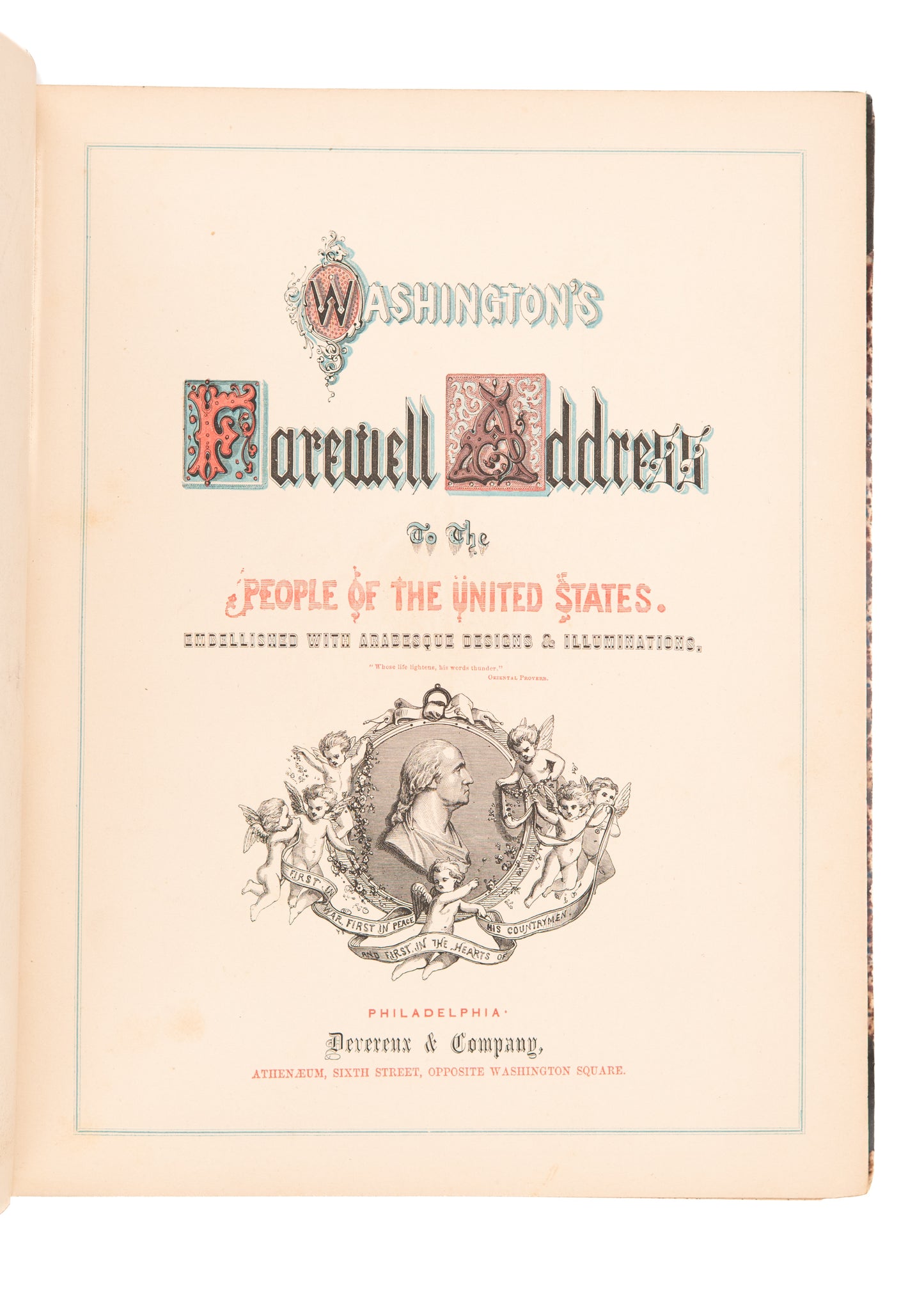 1858 GEORGE WASHINGTON. Rare Illuminated Imprint of his "Farewell Address" in a Period Sammelband.