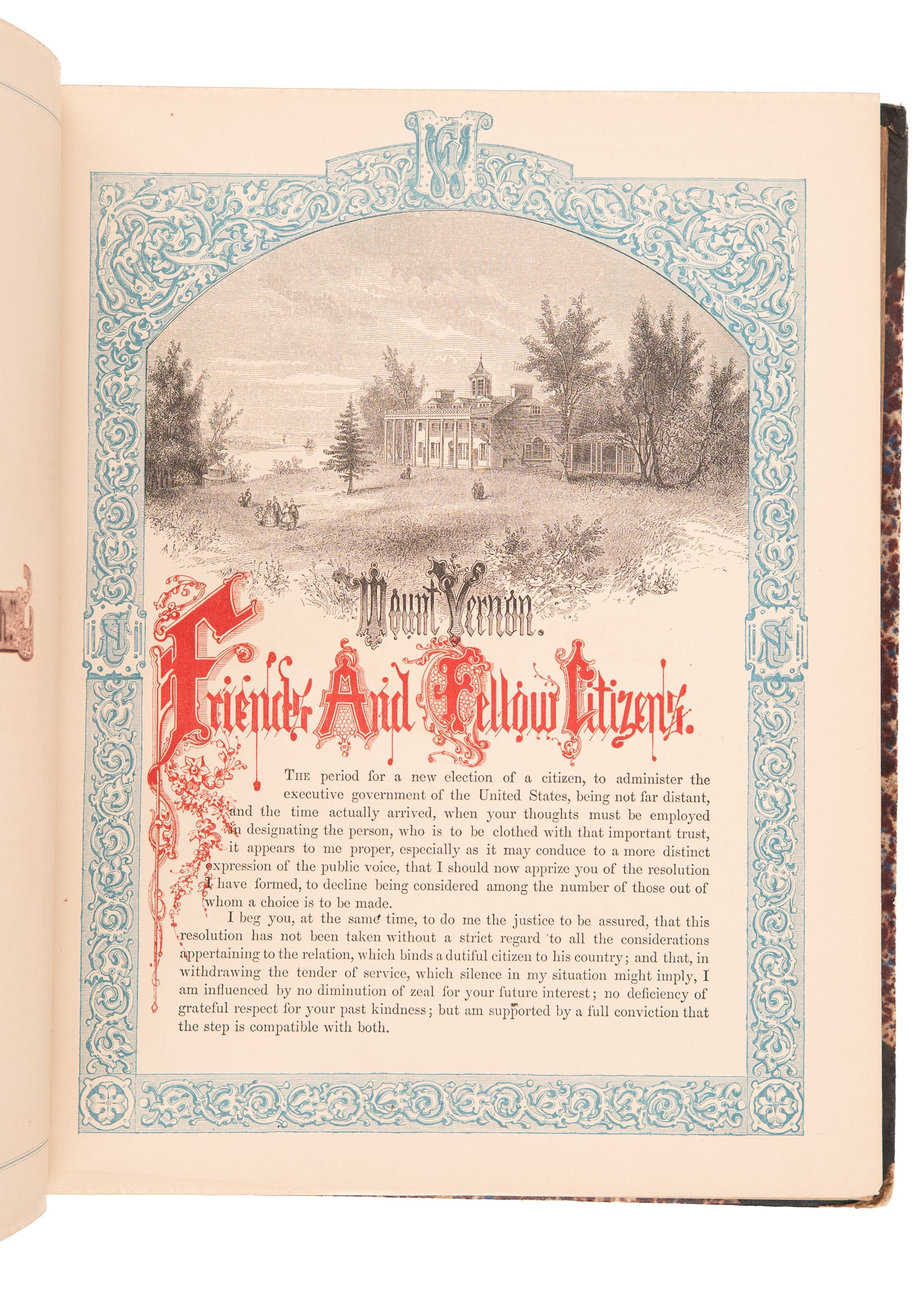 1858 GEORGE WASHINGTON. Rare Illuminated Imprint of his "Farewell Address" in a Period Sammelband.