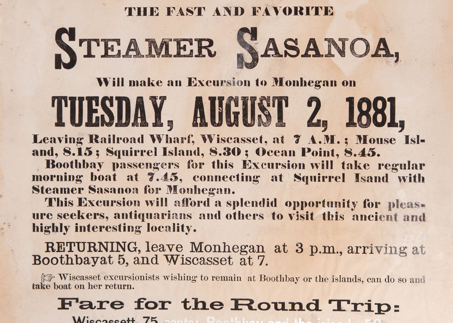 1881 MONHEGAN ISLAND. Rare Steamboat Broadside for Maine Pleasure Seekers and Antiquarians.