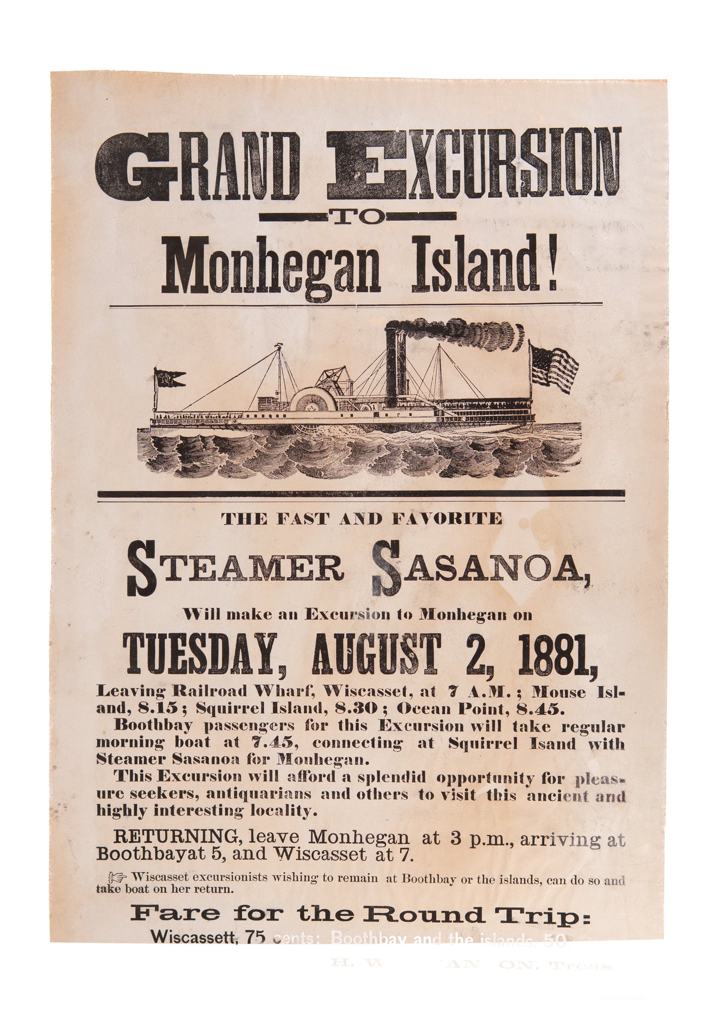1881 MONHEGAN ISLAND. Rare Steamboat Broadside for Maine Pleasure Seekers and Antiquarians.
