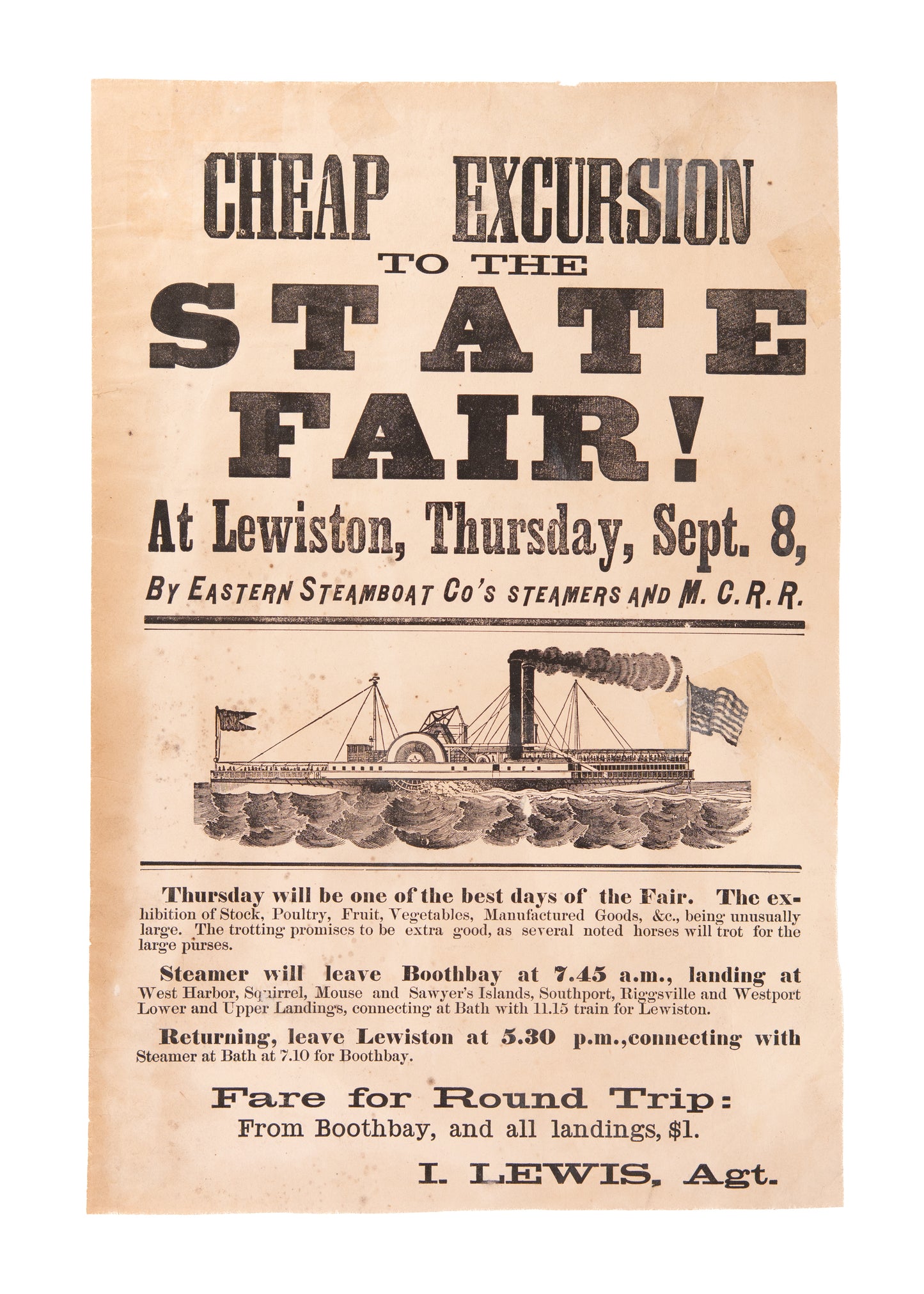 1881 MAINE STATE FAIR. Superb Broadside for Steamboat Travel to the Maine State Fair.