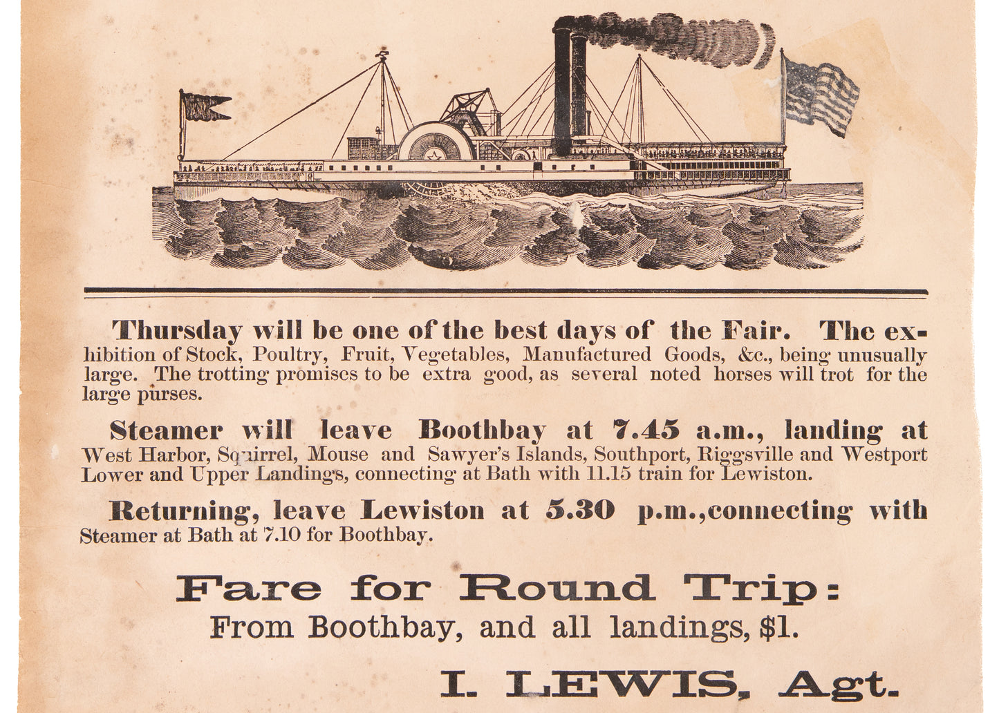 1881 MAINE STATE FAIR. Superb Broadside for Steamboat Travel to the Maine State Fair.