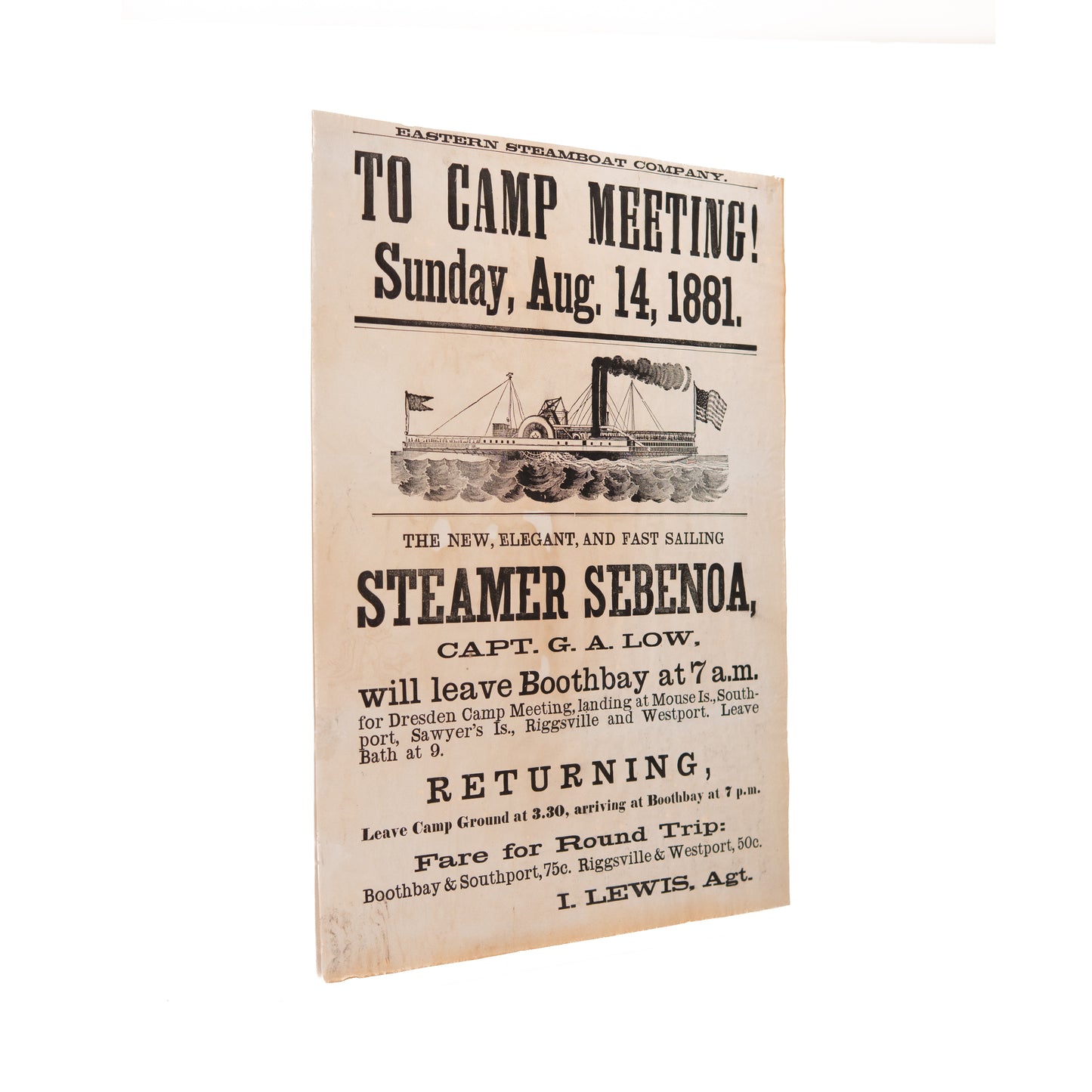 1881 CAMP MEETING. Rare Steamboat Broadside for Travelers to Methodist Camp Meetings in Maine.