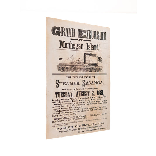 1881 MONHEGAN ISLAND. Rare Steamboat Broadside for Maine Pleasure Seekers and Antiquarians.