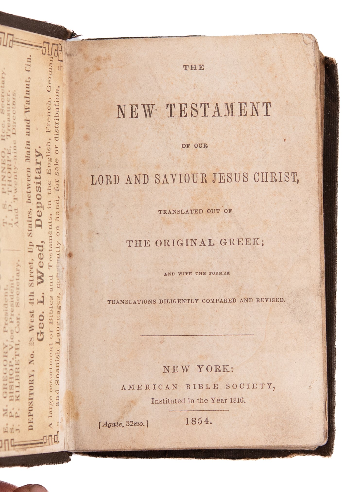 1854 RARE PRE-YMCA BIBLE. Presentation Copy from Young Men's Bible Society of Cincinnati.