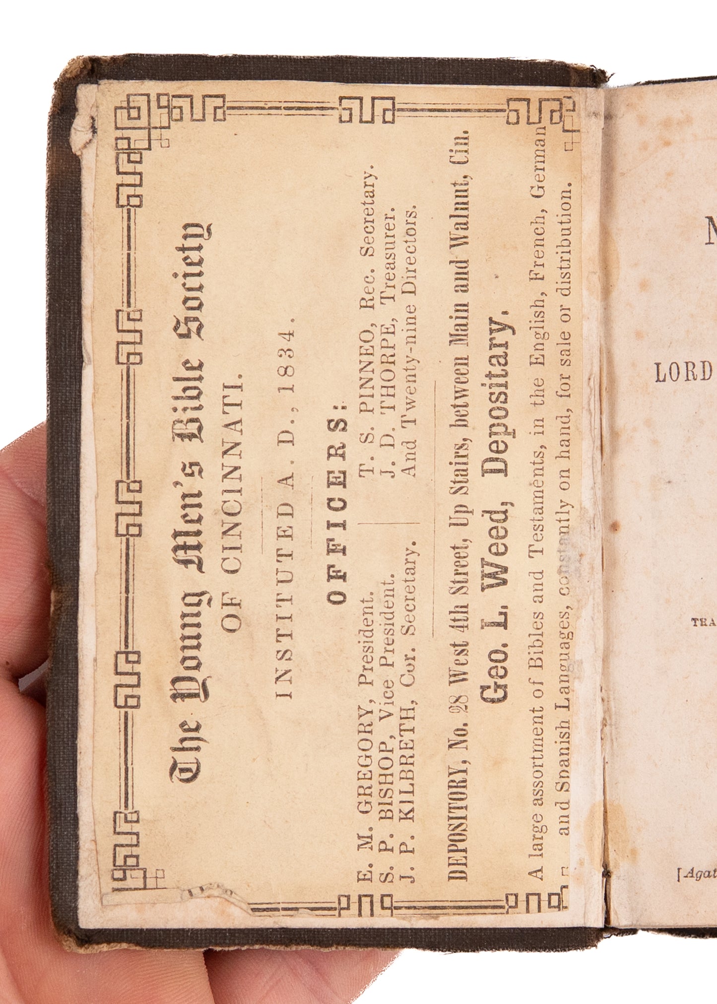 1854 RARE PRE-YMCA BIBLE. Presentation Copy from Young Men's Bible Society of Cincinnati.