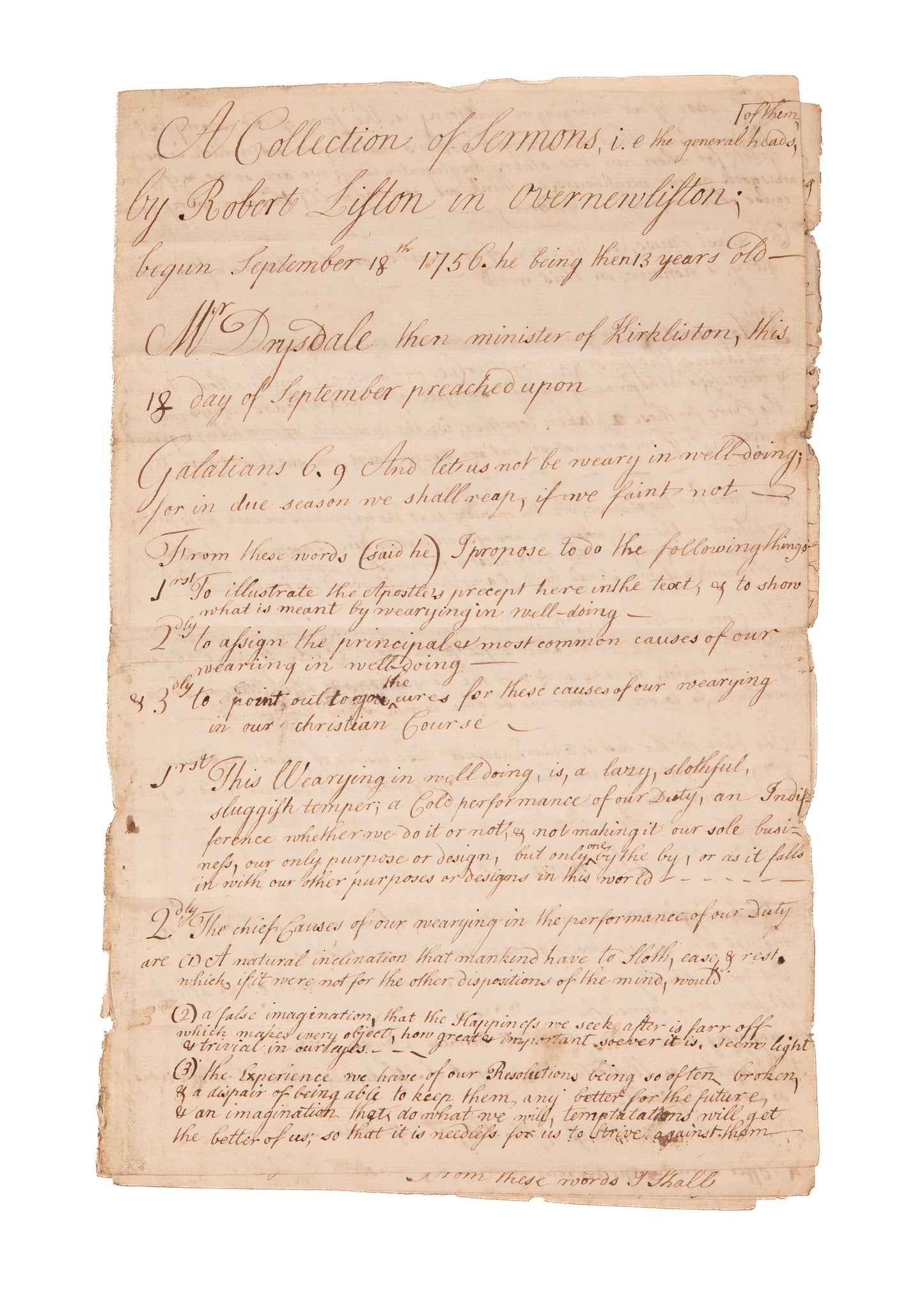 1756 ROBERT LISTON. 13 Year Old Future Ambassador to George Washington Takes Sermon Notes.